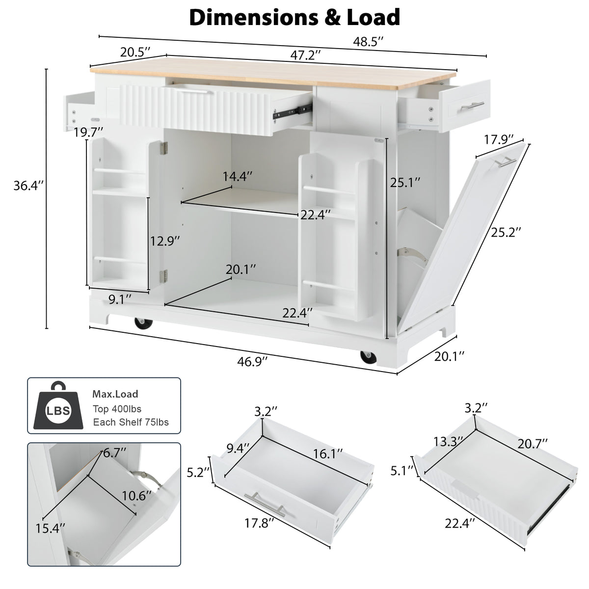 variant-group:rf-n707s221571w|Roomfitters Kitchen Island with Tilt Out Trash Can and Power Outlet, Fluted Storage Cabinet on Wheels, White