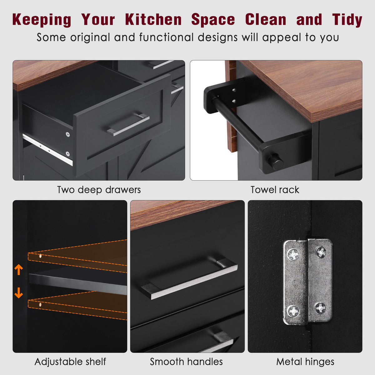 variant-group:rf-n707p307296b|Roomfitters 47.2" Farmhouse Kitchen Island with Drop Leaf, Tilt Trash Can Cabinet, Removable Mobile Side Racks, Black