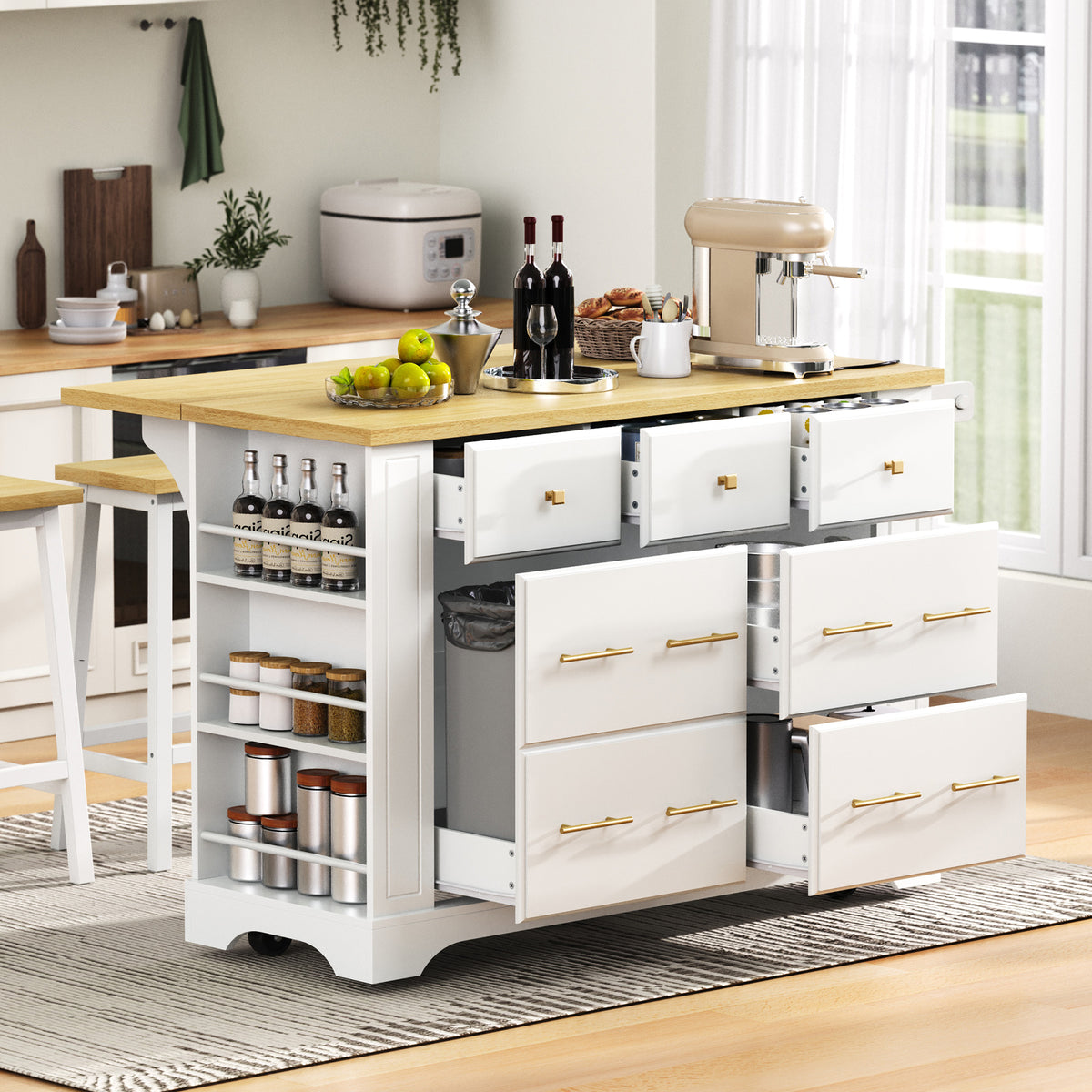 variant-group:rf-n707s307292w|Roomfitters 51" Kitchen Island with Power Outlet and Drop Leaf, Rolling Cabinet with Pull-Out Trash Can Drawer, White