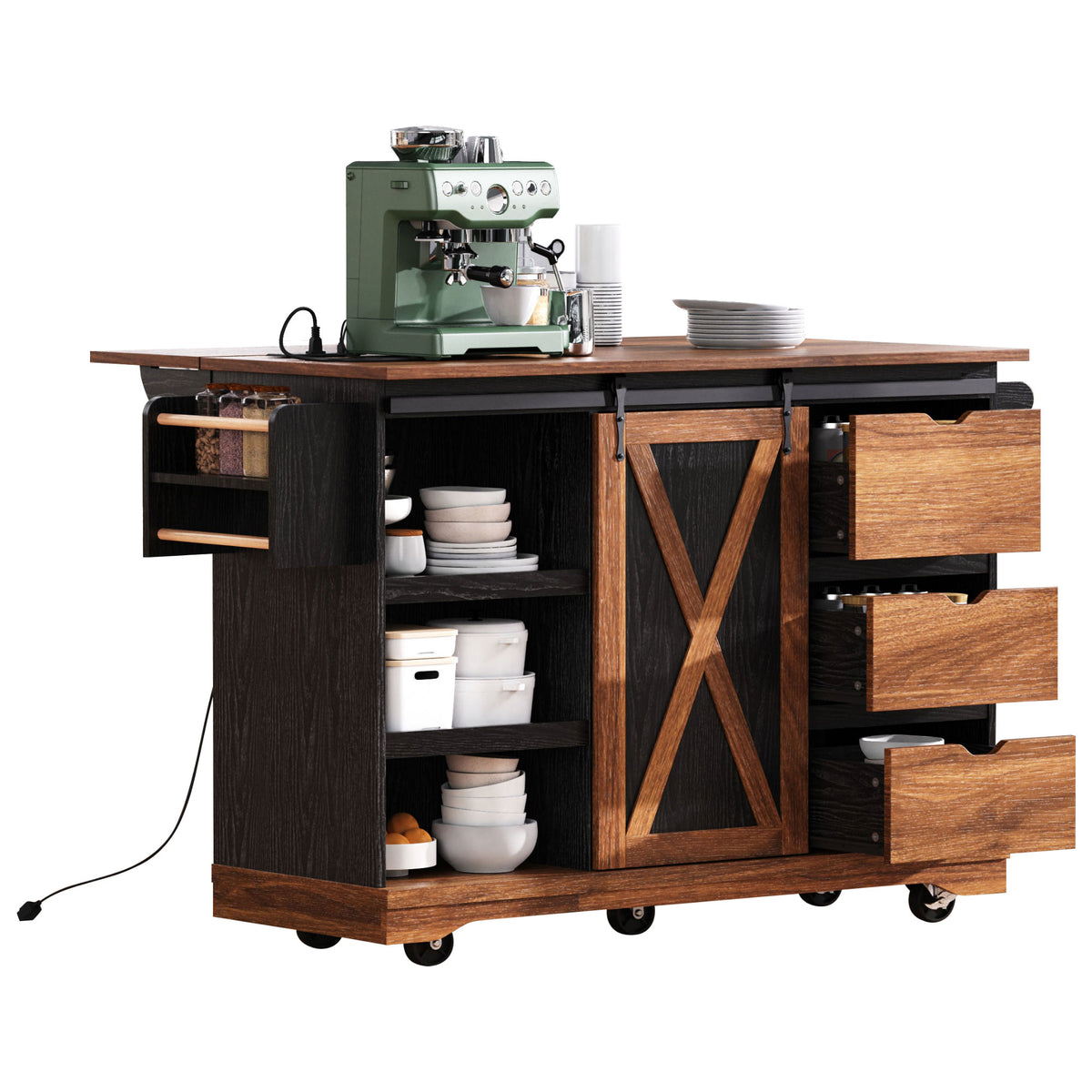 variant-group:rf-n707p288229b|Roomfitters 55.5" Rolling Kitchen Island with Drop Leaf, Mobile Kitchen Storage Cart with Sliding Barn Door, Power Outlets, Black