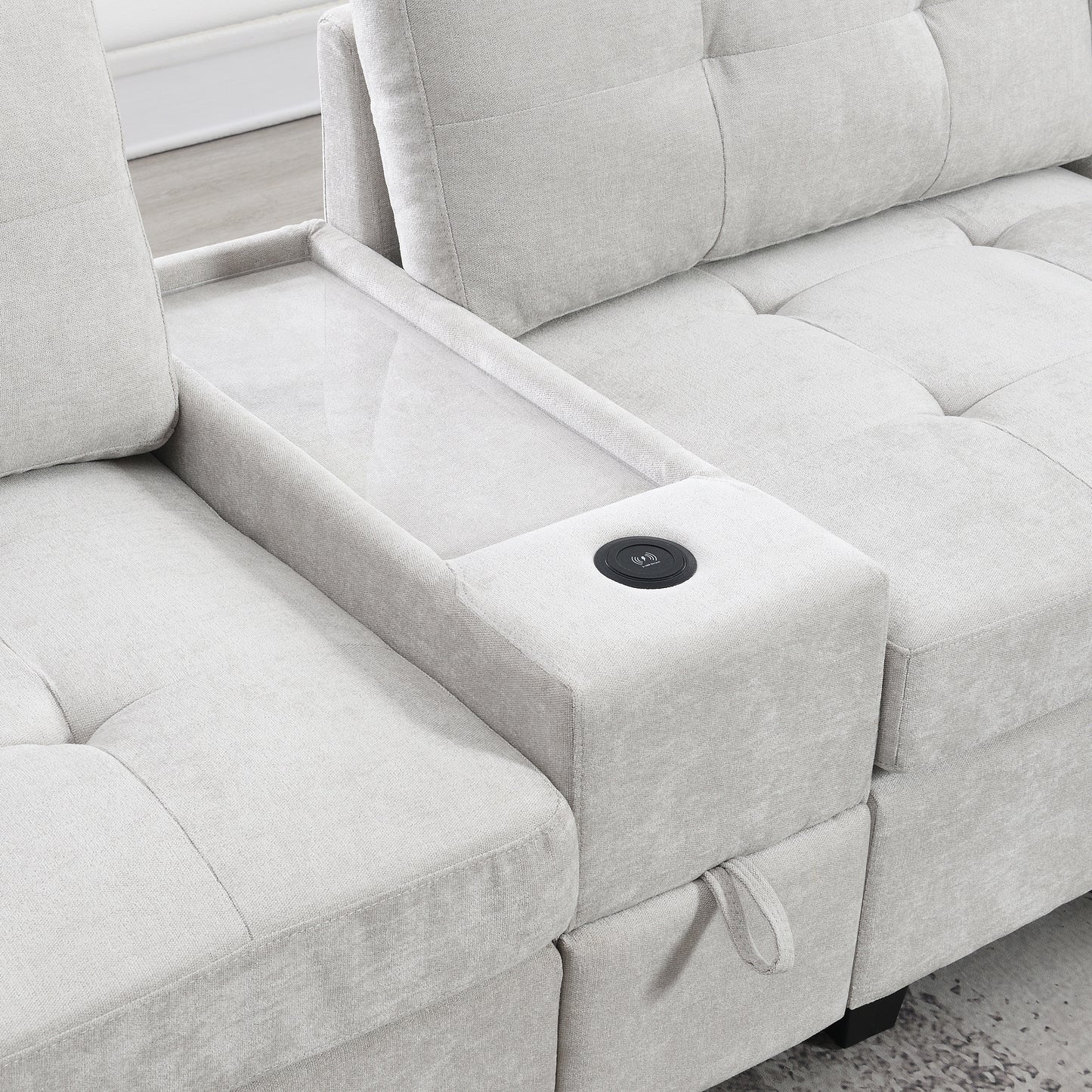 variant-group:rf-n723s1191k|Roomfitters 104 Inch Modular Sectional Sofa with Console and Cup Holders, Upholstered L-Shape Couch for Home Decor, Light Gray