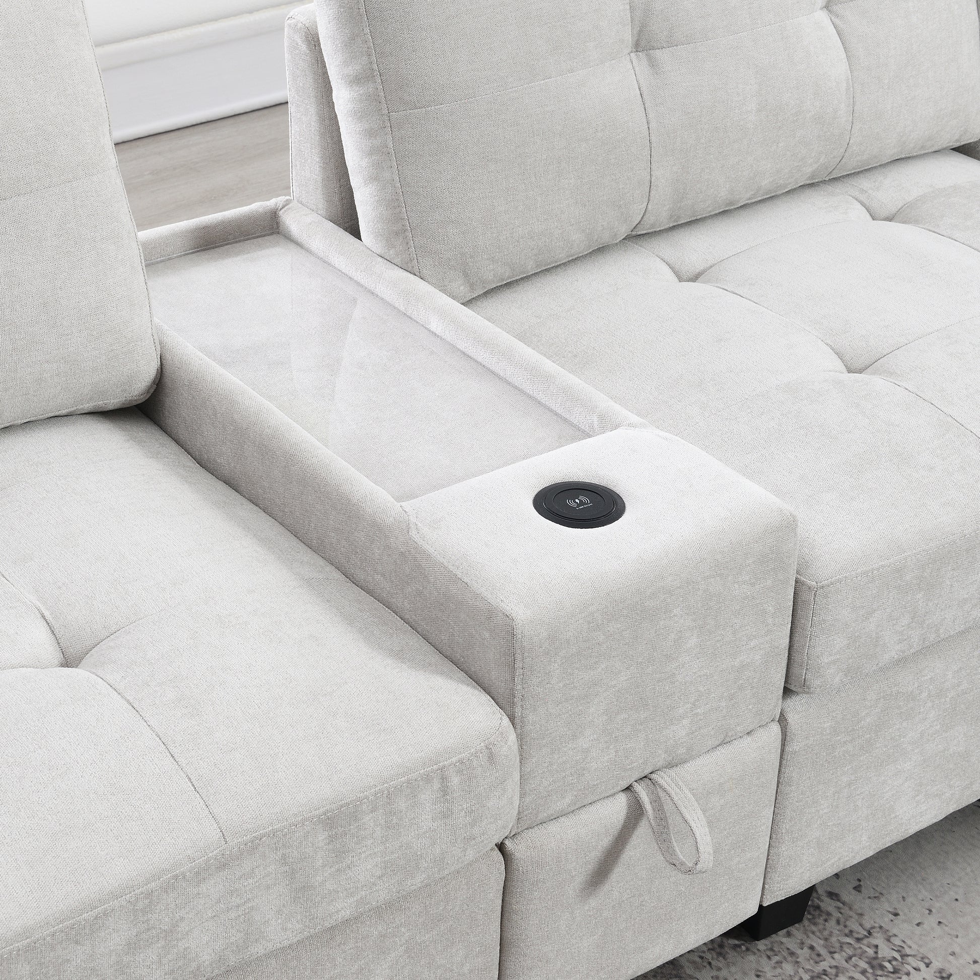 variant-group:rf-n723s1191k|Roomfitters 104 Inch Modular Sectional Sofa with Console and Cup Holders, Upholstered L-Shape Couch for Home Decor, Light Gray