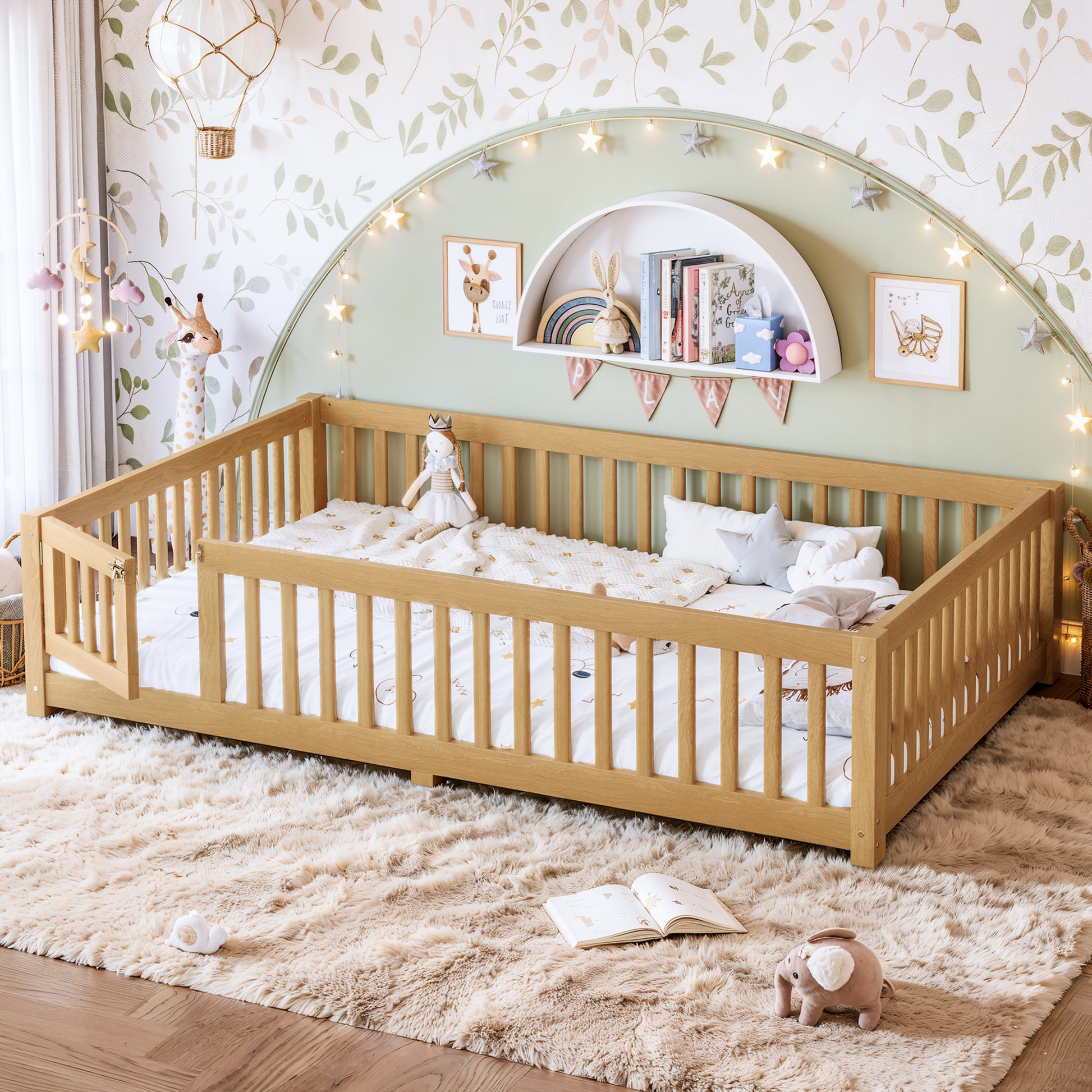 variant-group:rf-w1580p462325|Roomfitters Queen Size Wooden Floor Bed Frame with Safety Guardrails Door, Solid Wood Low Profile Toddler Play Bed, Natural