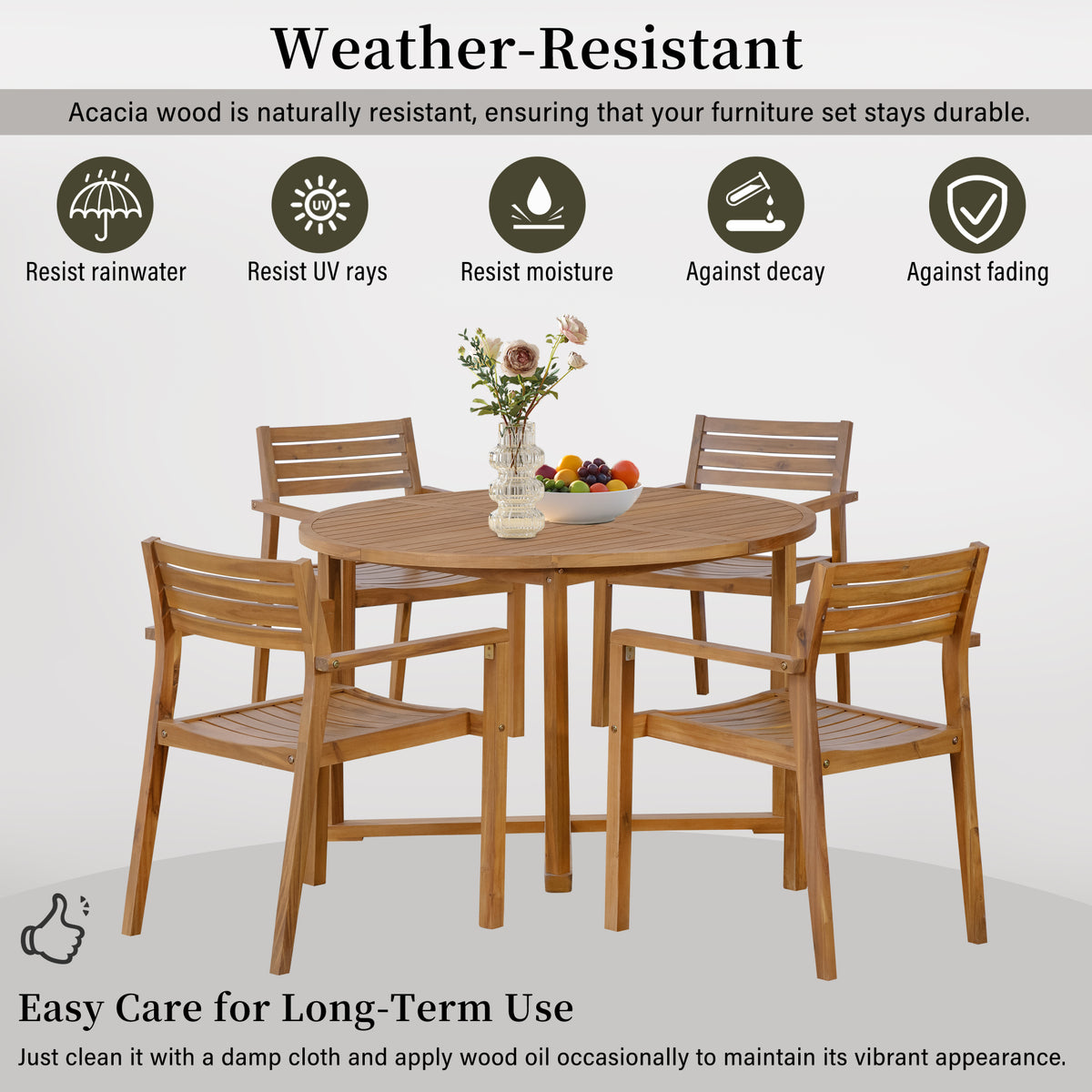 variant-group:rf-n711wy000475aao|Roomfitters 5-Piece Outdoor Dining Set for 4, 47.2-Inch Round Acacia Wood Table, Natural Brown Slatted Patio Group