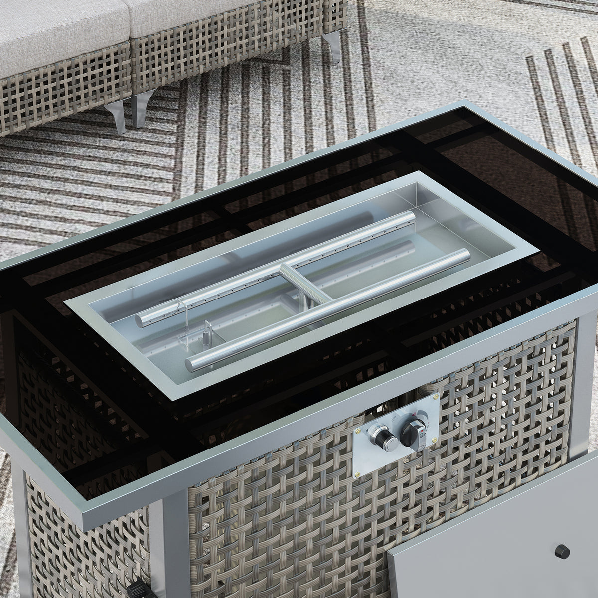 variant-group:rf-n707p210158g|Roomfitters 43" Propane Fire Pit Table, 60,000 BTU Rectangular Wicker Fire Pit with Glass Wind Guard for Patio, Grey