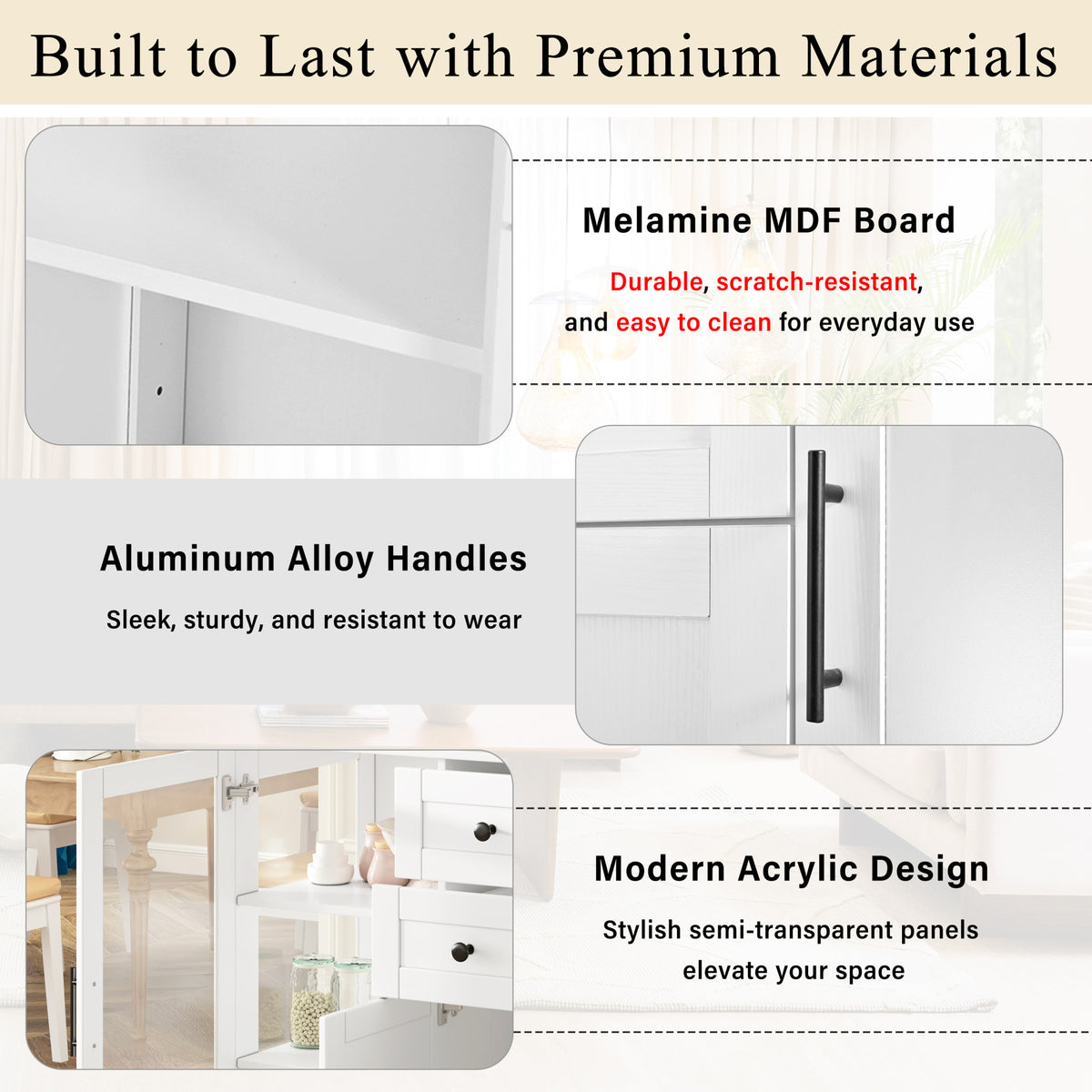 variant-group:rf-n711p437648k|Roomfitters Contemporary White Melamine MDF Buffet Sideboard Storage Cabinet Acrylic Doors Dining Room Kitchen Console