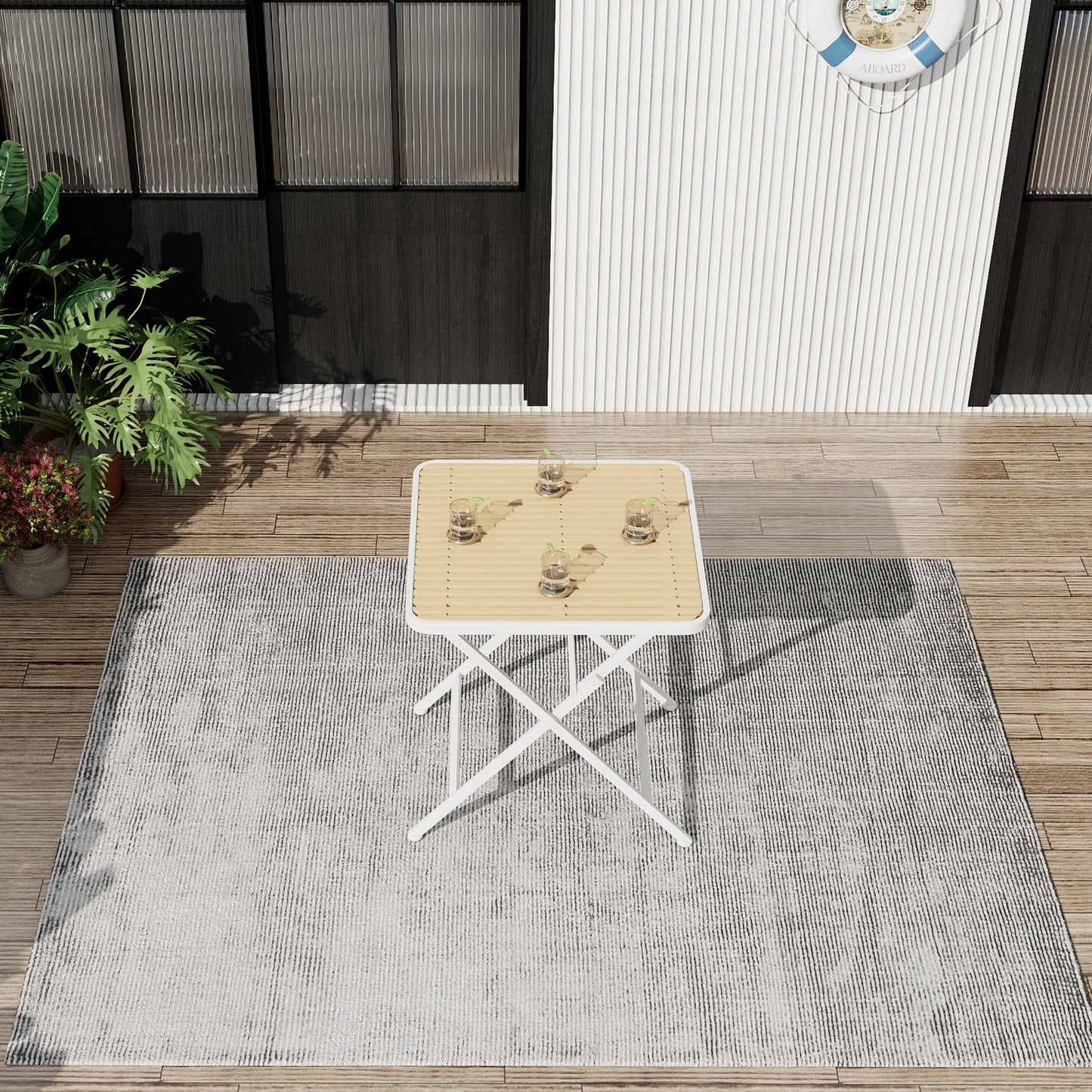 Summer - Modern folding square table- indoor and outdoor multi-functional table- polypropylene tabletop with metal legs, suitable for dining rooms, living rooms, gardens, terraces, etc. (White, khaki) Roomfitters