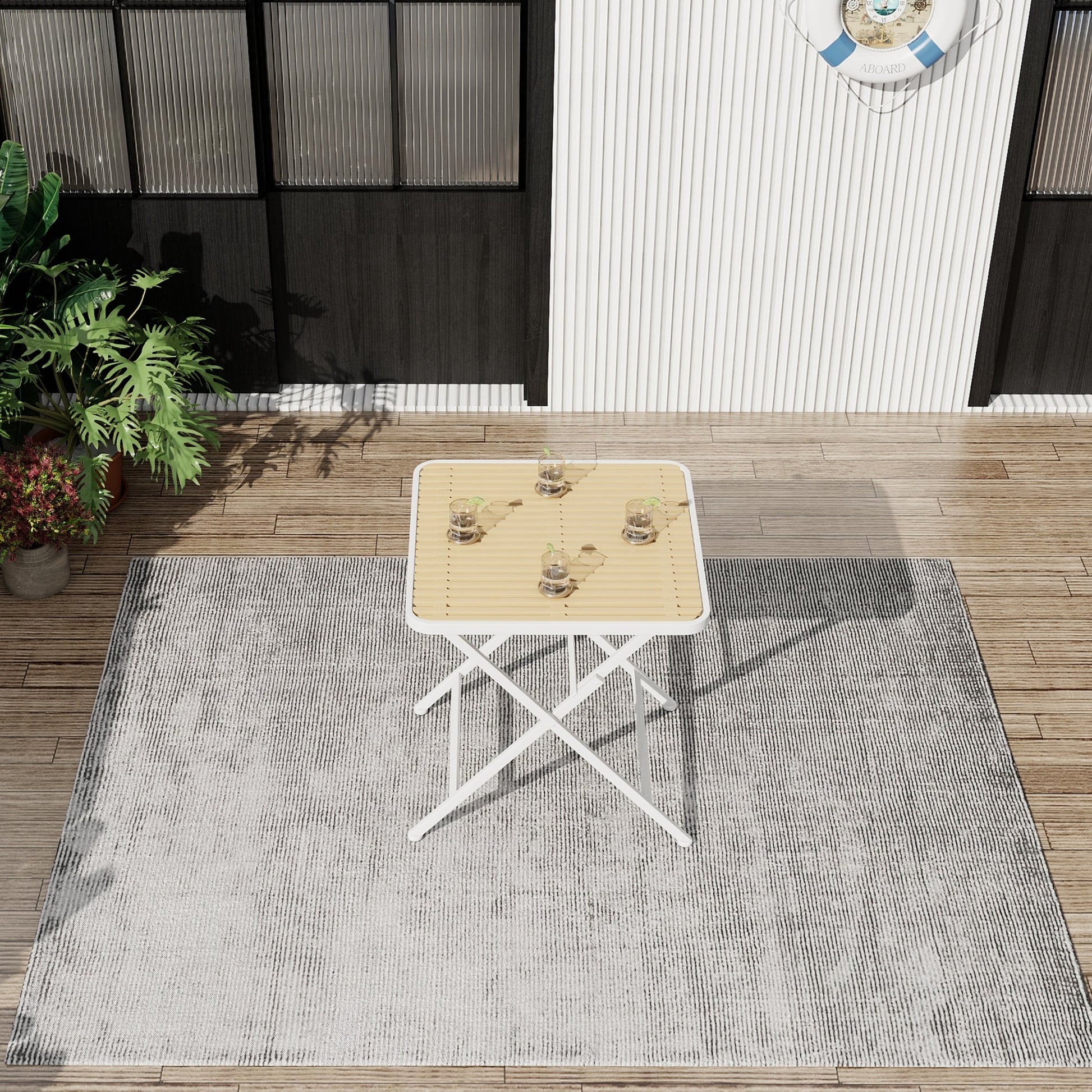 Summer - Modern folding square table- indoor and outdoor multi-functional table- polypropylene tabletop with metal legs, suitable for dining rooms, living rooms, gardens, terraces, etc. (White, khaki) Roomfitters