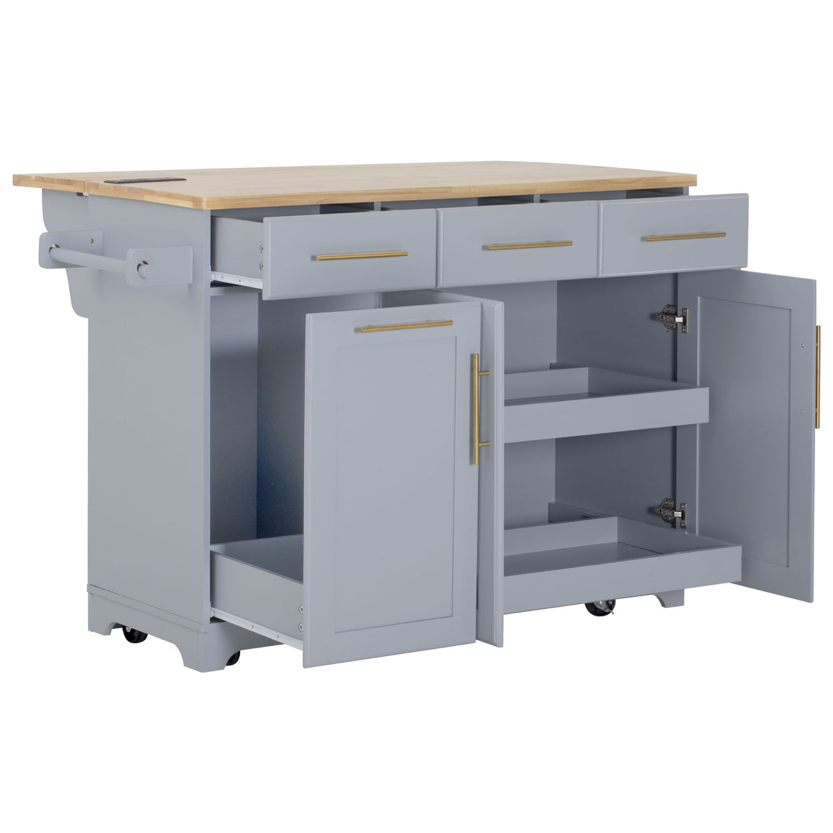 variant-group:rf-n707s299014g|Roomfitters 59.3" Kitchen Island with Power Outlet, Drop Leaf and Double Trash Can Pull Out, Rolling Cart, Grey+Blue