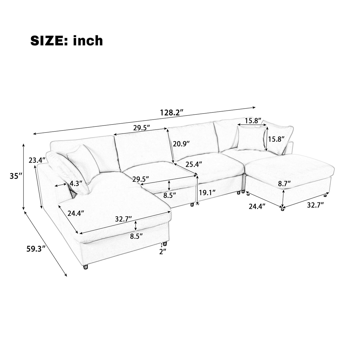 variant-group:rf-n711wy000474aae|Roomfitters 128.2-Inch Customizable U-Shaped Sectional Sofa, 6-Seater Chenille Couch, 2 Movable Ottomans, Pit Lounge, Grey