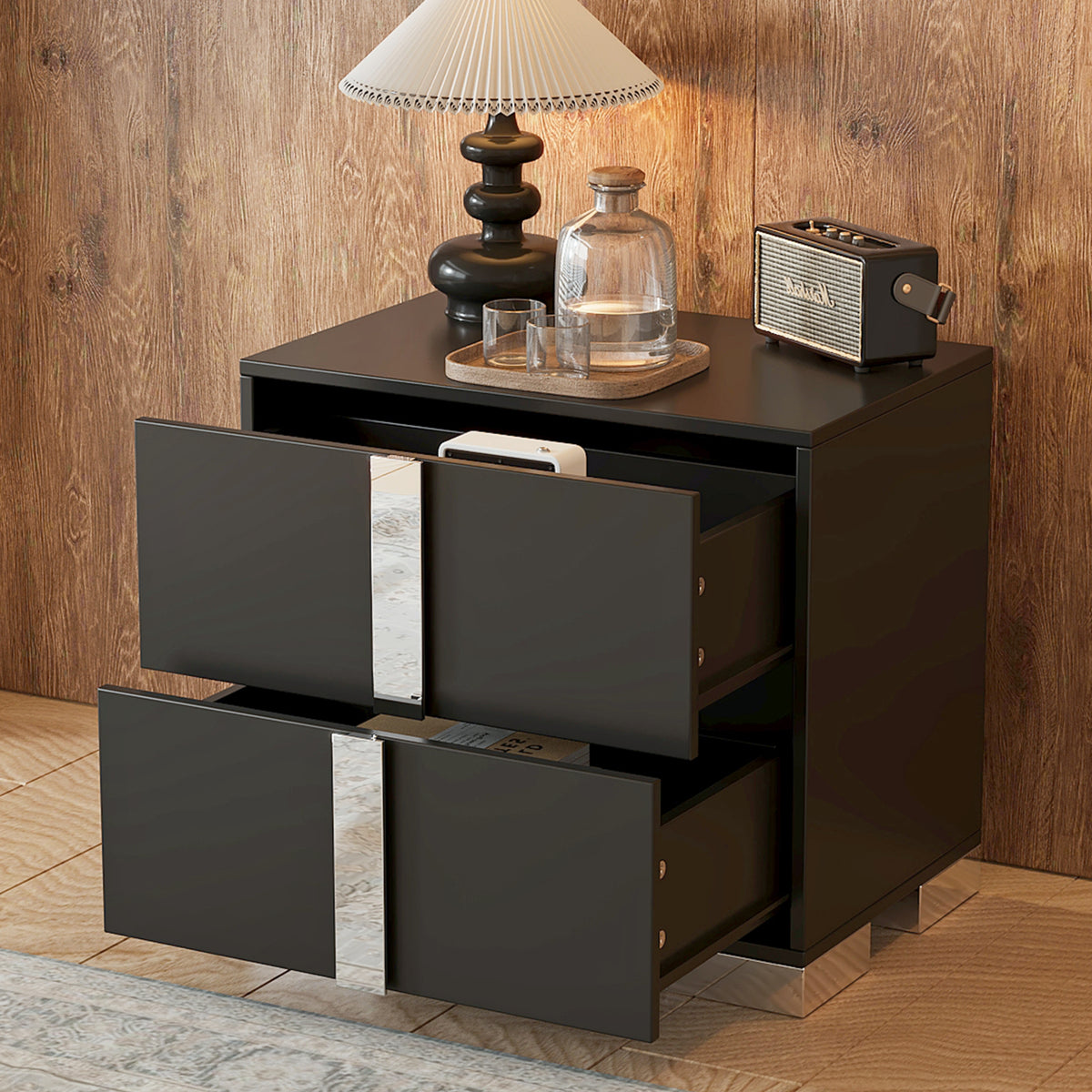 variant-group:rf-n733p307938b|Roomfitters Elegant Mirrored Nightstand with 2 Drawers and Metal Handle, Bedside Table for Bedroom or Living Room, Black