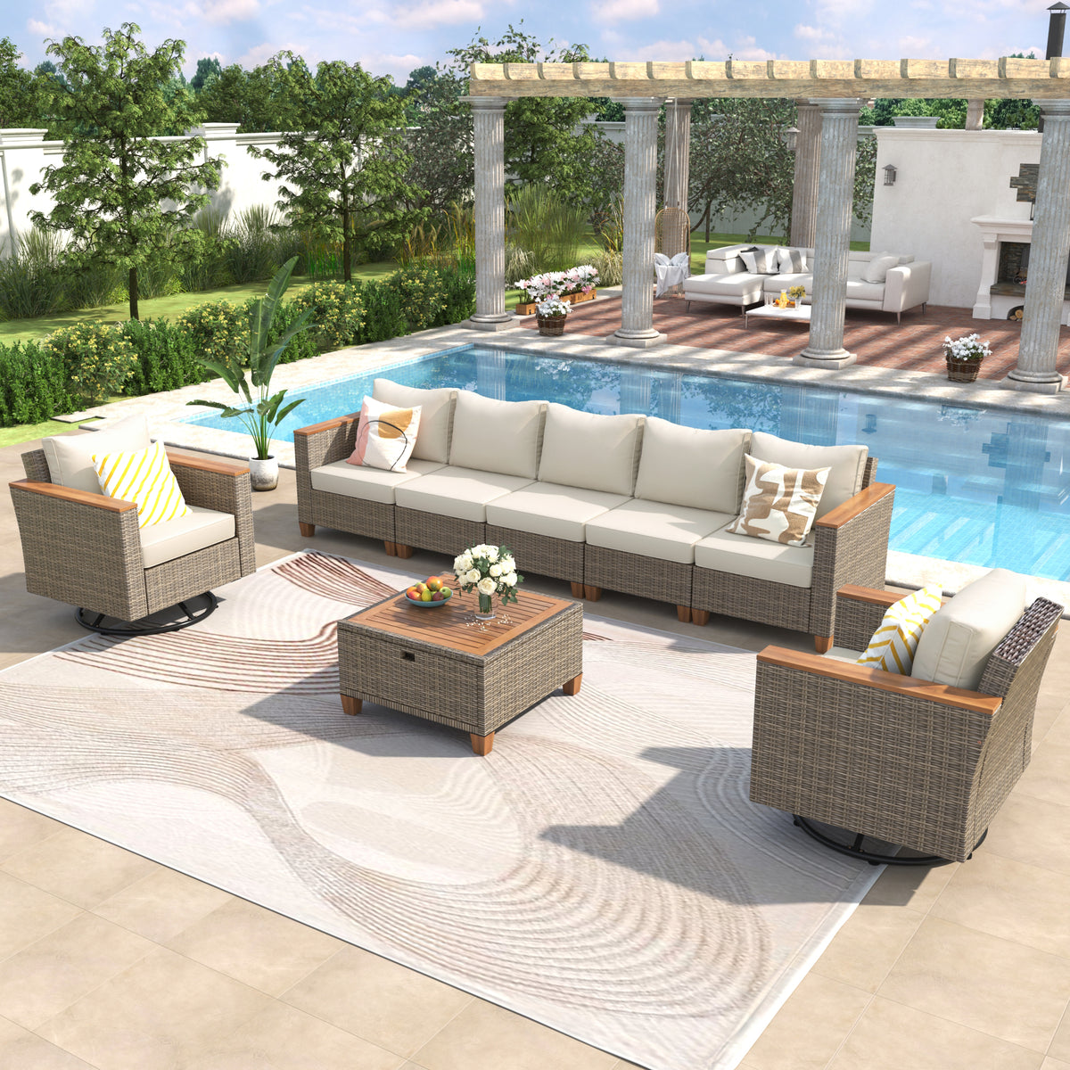 variant-group:rf-n707s005016z|Roomfitters 8-Piece Patio Furniture Set with 360 Swivel Rocker Chairs, Modular Outdoor Sectional Sofa & Table, Beige+Brown