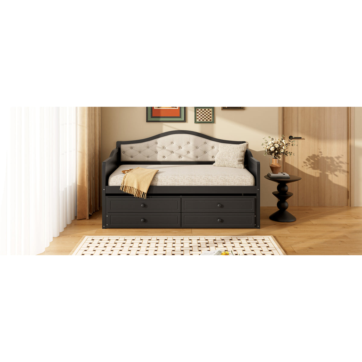 variant-group:rf-n733s346767p|Roomfitters Twin Daybed with Trundle, Wooden Sofa Bed with 2 Storage Drawers & Tufted Backrest, Black