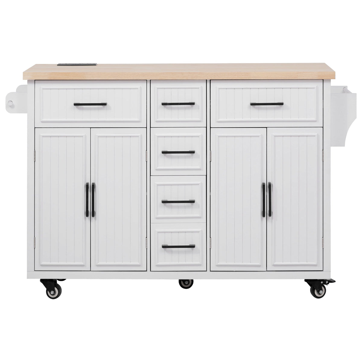 Roomfitters 56.5" Kitchen Island with Drop Leaf, Rolling Kitchen Cart with 5 Storage Drawers, Spice Rack & Towel Holder, White