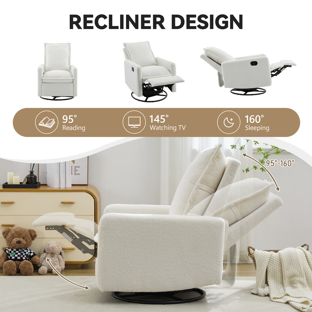 variant-group:rf-n701p348238k|Roomfitters Swivel Rocker Recliner Chair, Glider Rocking Armchair, Teddy Fleece Nursery Reclining Lounge Accent Chair, White