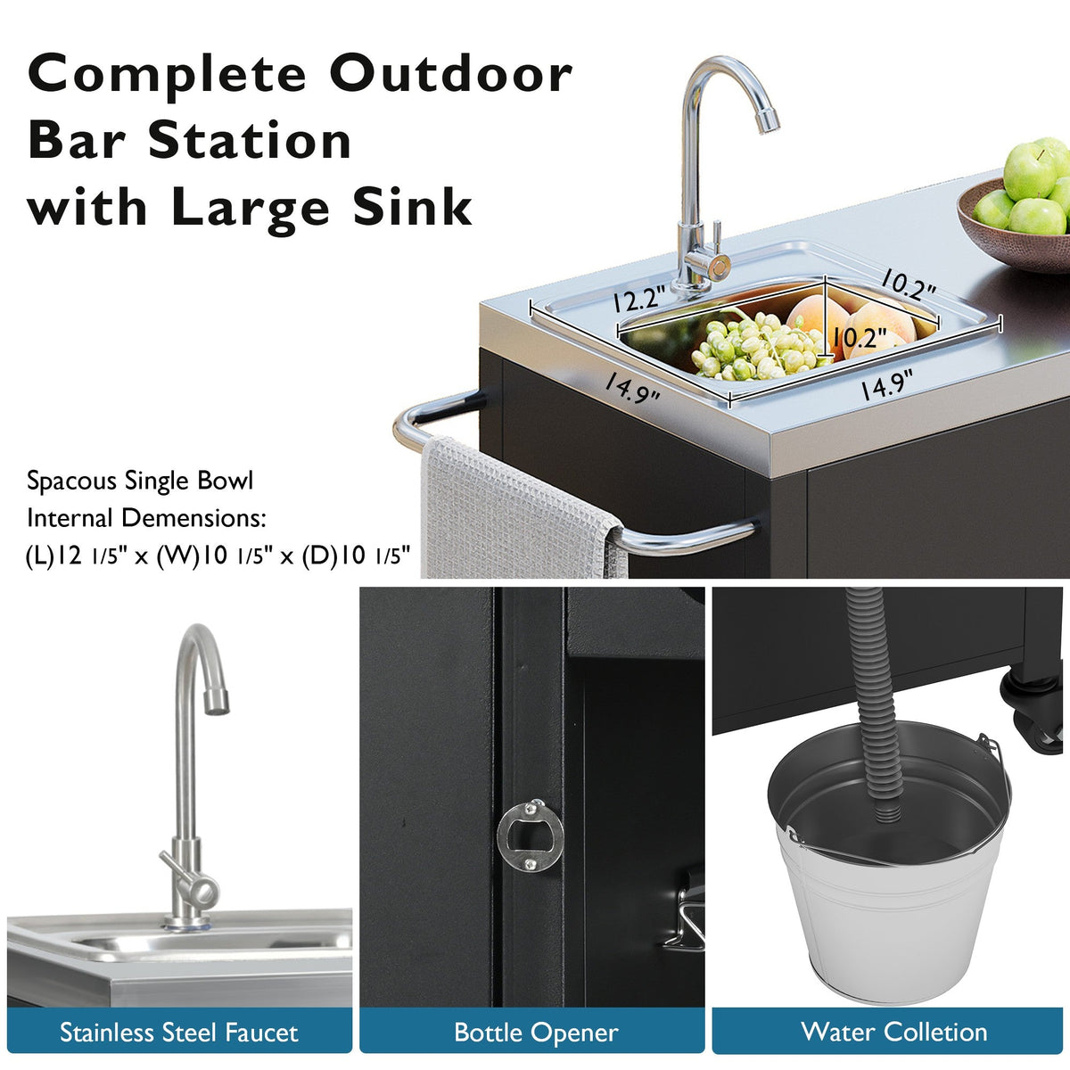 Roomfitters 55.5" Outdoor Kitchen Island with Stainless Steel Sink, Rolling Grill Prep Cart & Storage Cabinet, Black