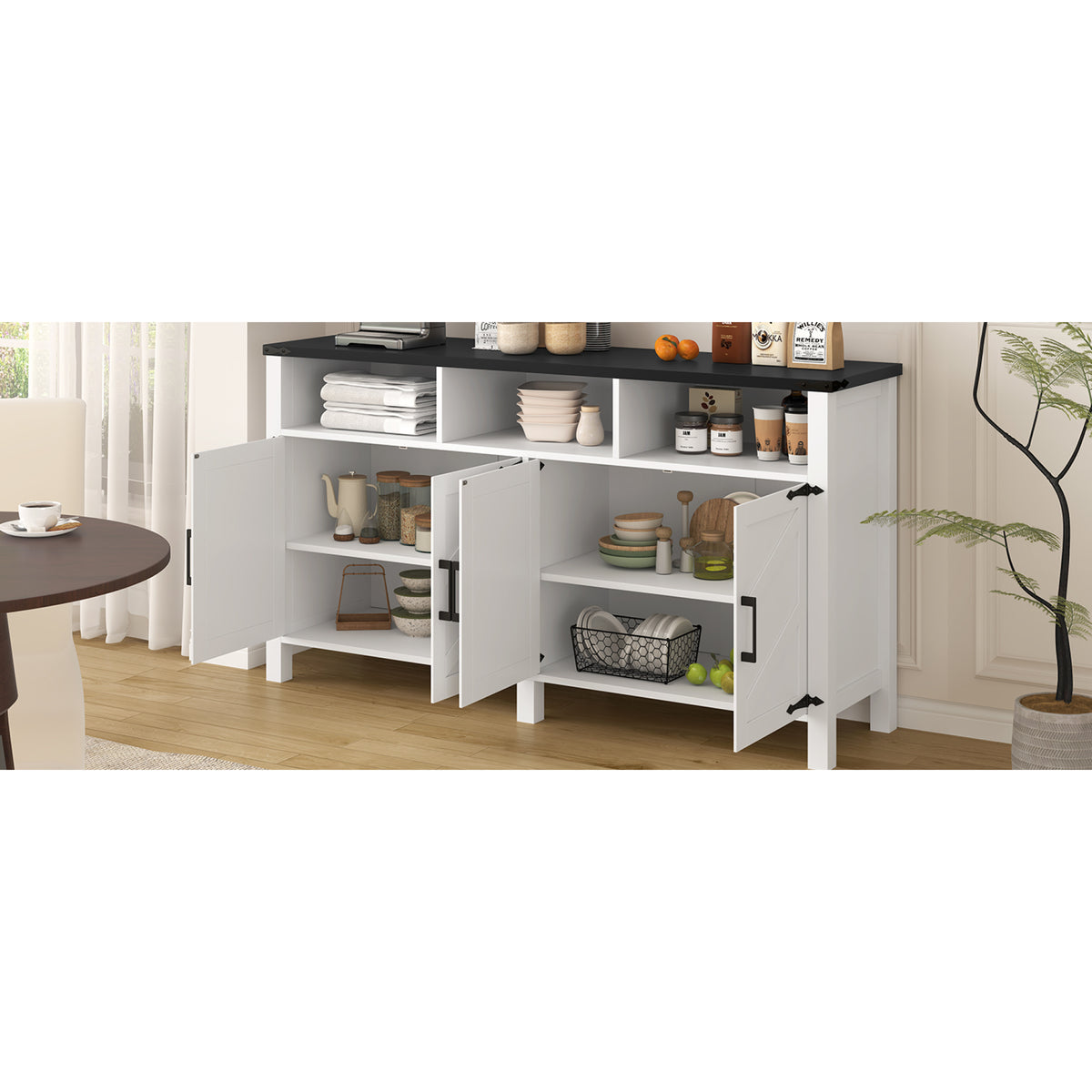 variant-group:rf-n711p347407k|Roomfitters 59" Sideboard Buffet Cabinet with 4 Door & Open Storage, Modern Farmhouse Industrial Coffee Bar Station, White+Black