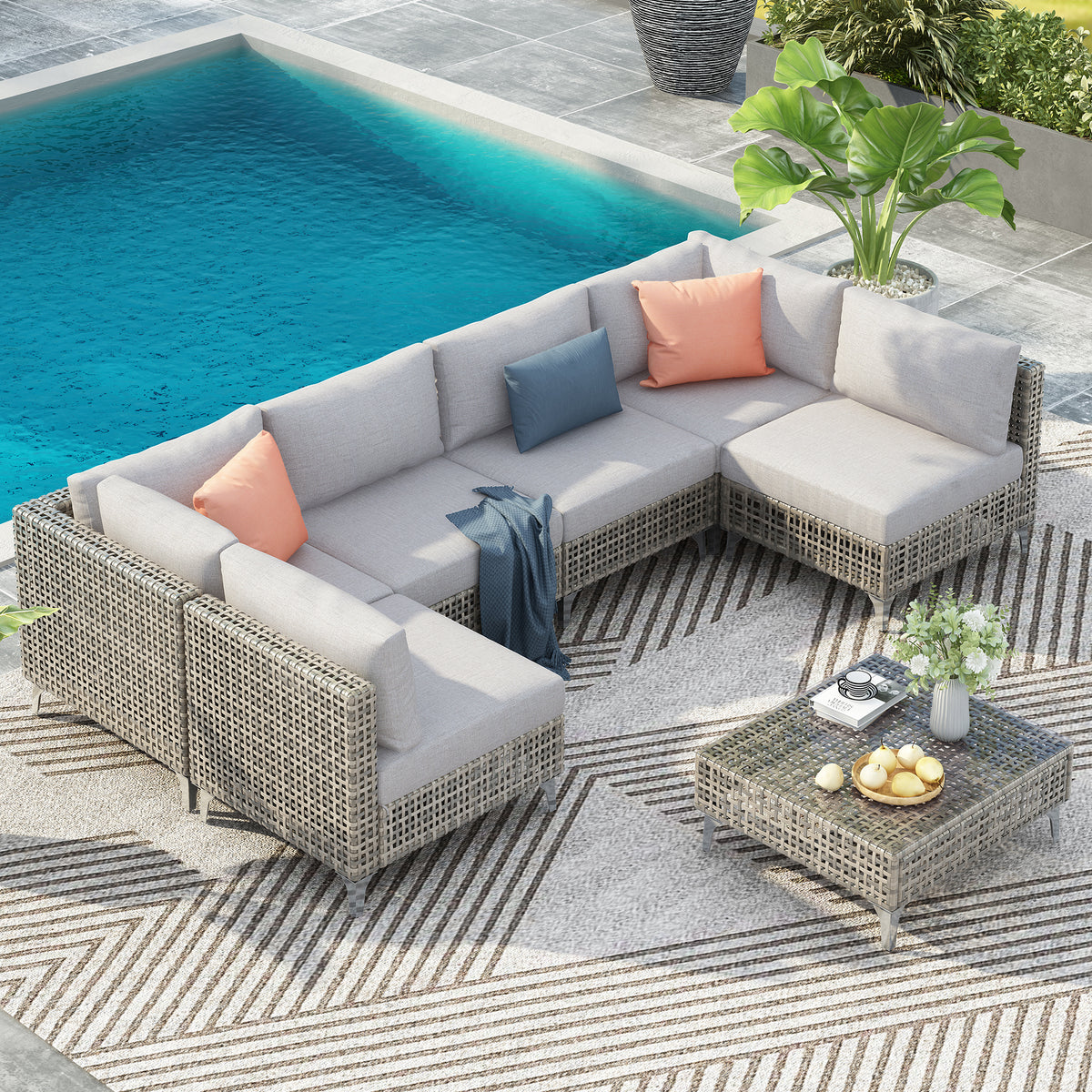 variant-group:rf-n707s000011g|Roomfitters 7-Piece Wicker Patio Furniture Set, Outdoor Sectional Sofa with Water-Resistant Cushions, Table, Grey