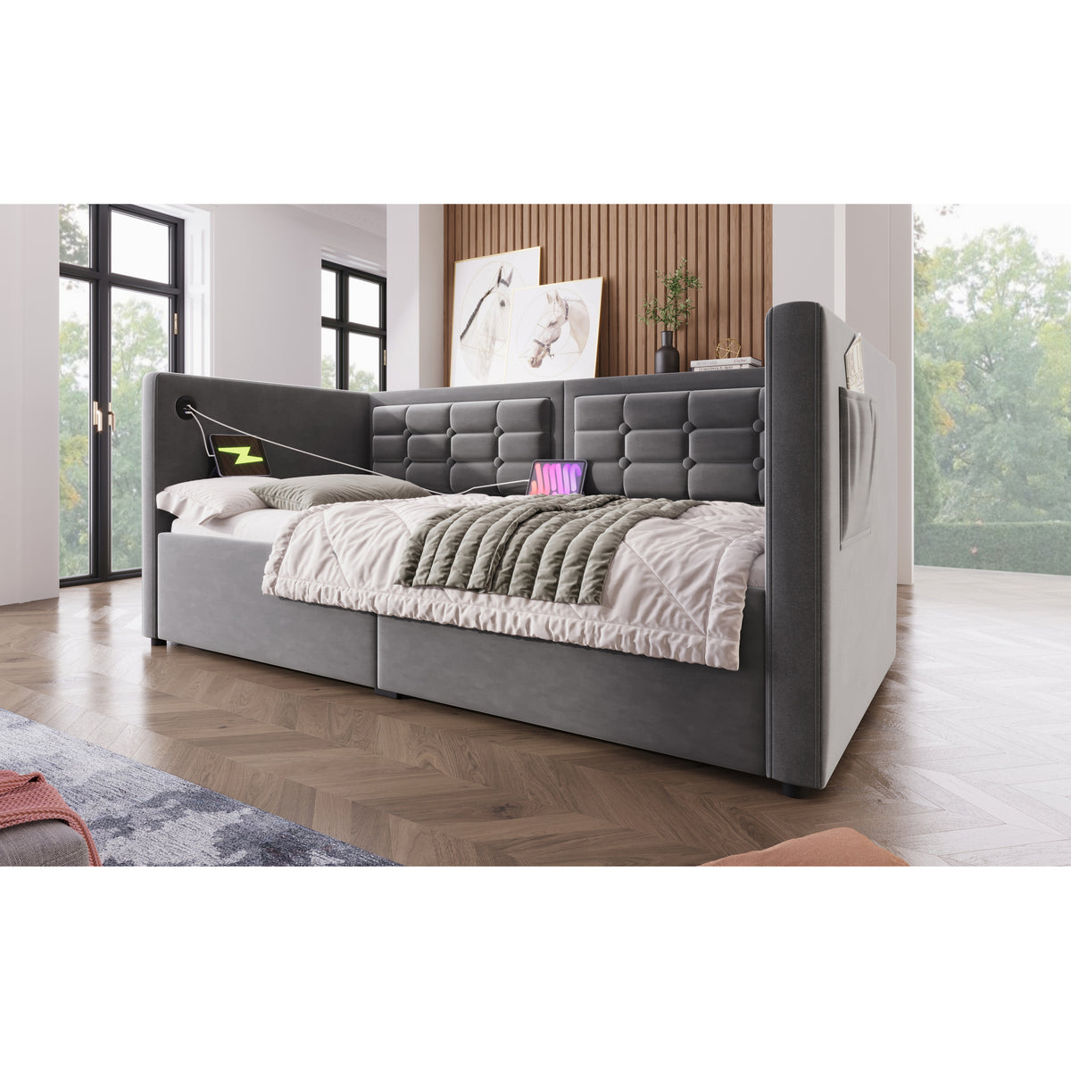 variant-group:rf-n736p303402g|Roomfitters Upholstered Twin Size Daybed with Storage, USB & Type-C Charging, Tufted Sofa Back, Velvet Gray