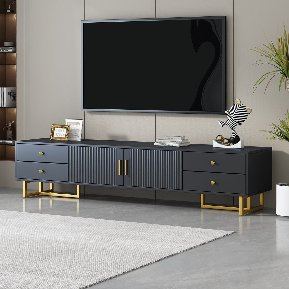 Roomfitters Modern TV Stand for 65 Inch TV and Above, Entertainment Console Cabinet with Storage Compartments, Black Roomfitters