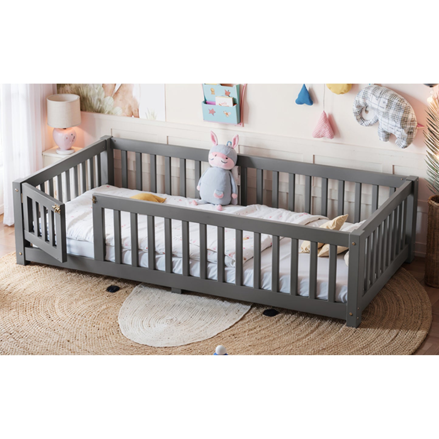 variant-group:rf-w1580p462312|Roomfitters Twin Size Wooden Floor Bed Frame with Safety Guardrails Door, Solid Wood Low Profile Toddler Play Bed, Gray