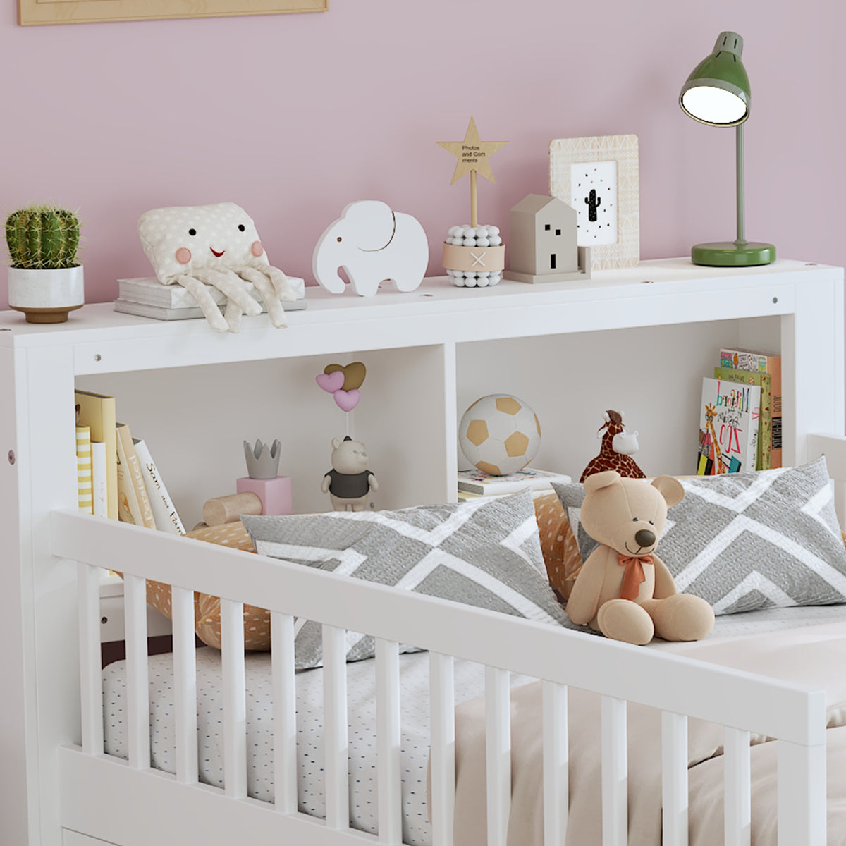 variant-group:rf-n733p272374k|Roomfitters Twin Bed with Headboard Storage Rack, Under-Bed Storage and Three-Side Guardrails, White