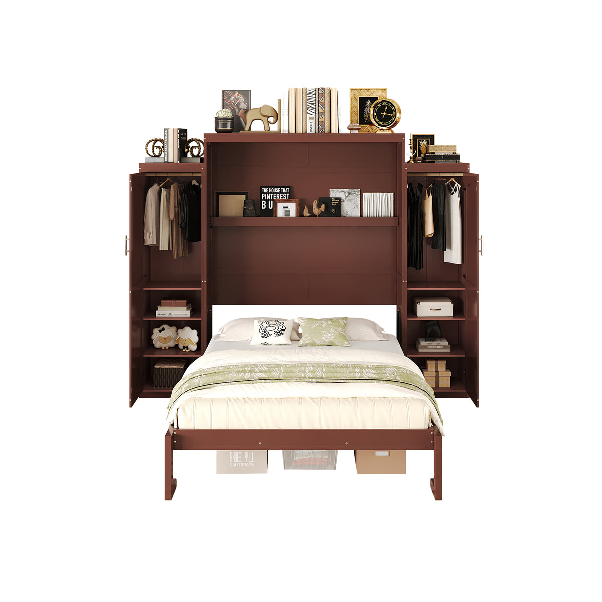 variant-group:rf-n733s235627d|Roomfitters Queen Murphy Wall Bed with Two Wardrobes and Storage Shelf, Foldable Platform Bed Frame for Guest Room, Walnut