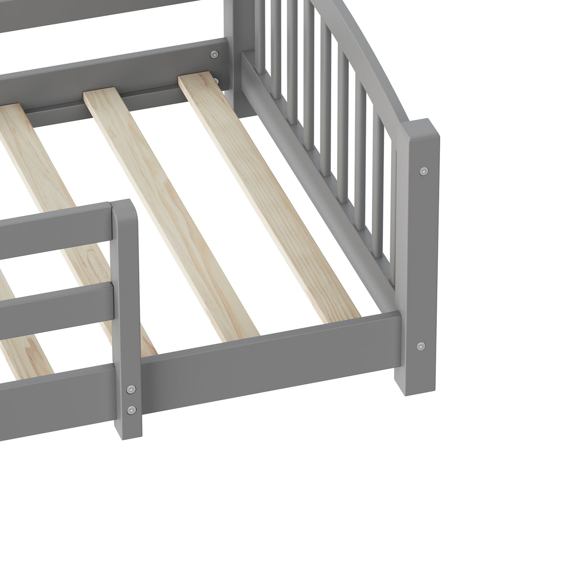variant-group:rf-n733p400298e|Roomfitters Twin Montessori Floor Bed with Guardrails, Solid Wood Low Platform Bed with Slats, Easy Assembly, Gray