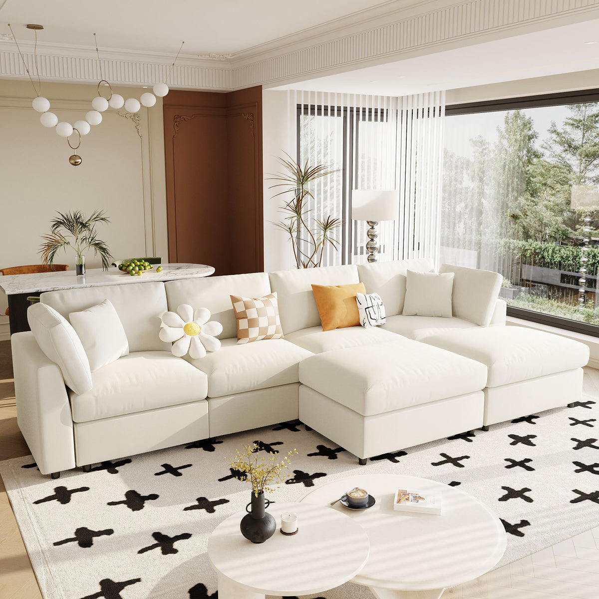 variant-group:rf-n711wy000474aaa|Roomfitters 128.2-Inch Customizable U-Shaped Sectional Sofa, 6-Seater Chenille Couch, 2 Movable Ottomans, Pit Lounge, Beige