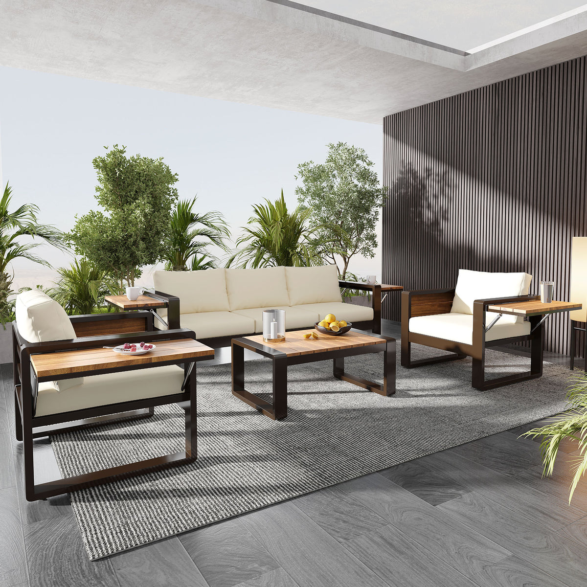 variant-group:rf-n704g201257a|Roomfitters 4-Piece Aluminum Patio Conversation Set with Four Fold-Out Side Trays and Slatted Coffee Table Beige