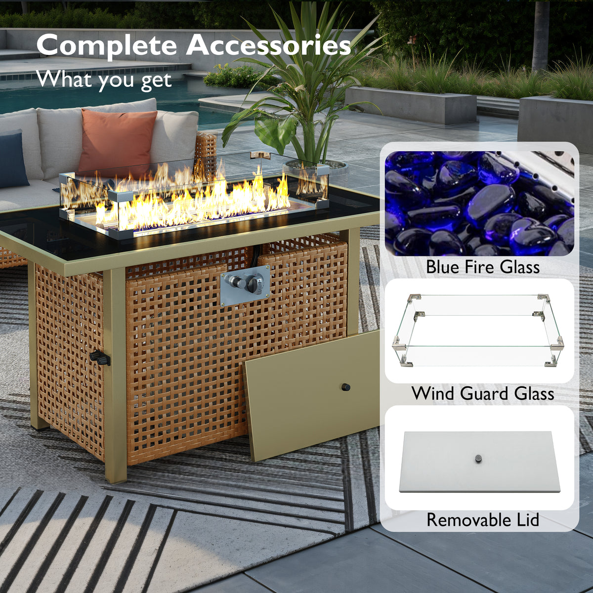 variant-group:rf-n707p210158z|Roomfitters 43" Propane Fire Pit Table, 60,000 BTU Rectangular Wicker Fire Pit with Glass Wind Guard for Patio, Natural