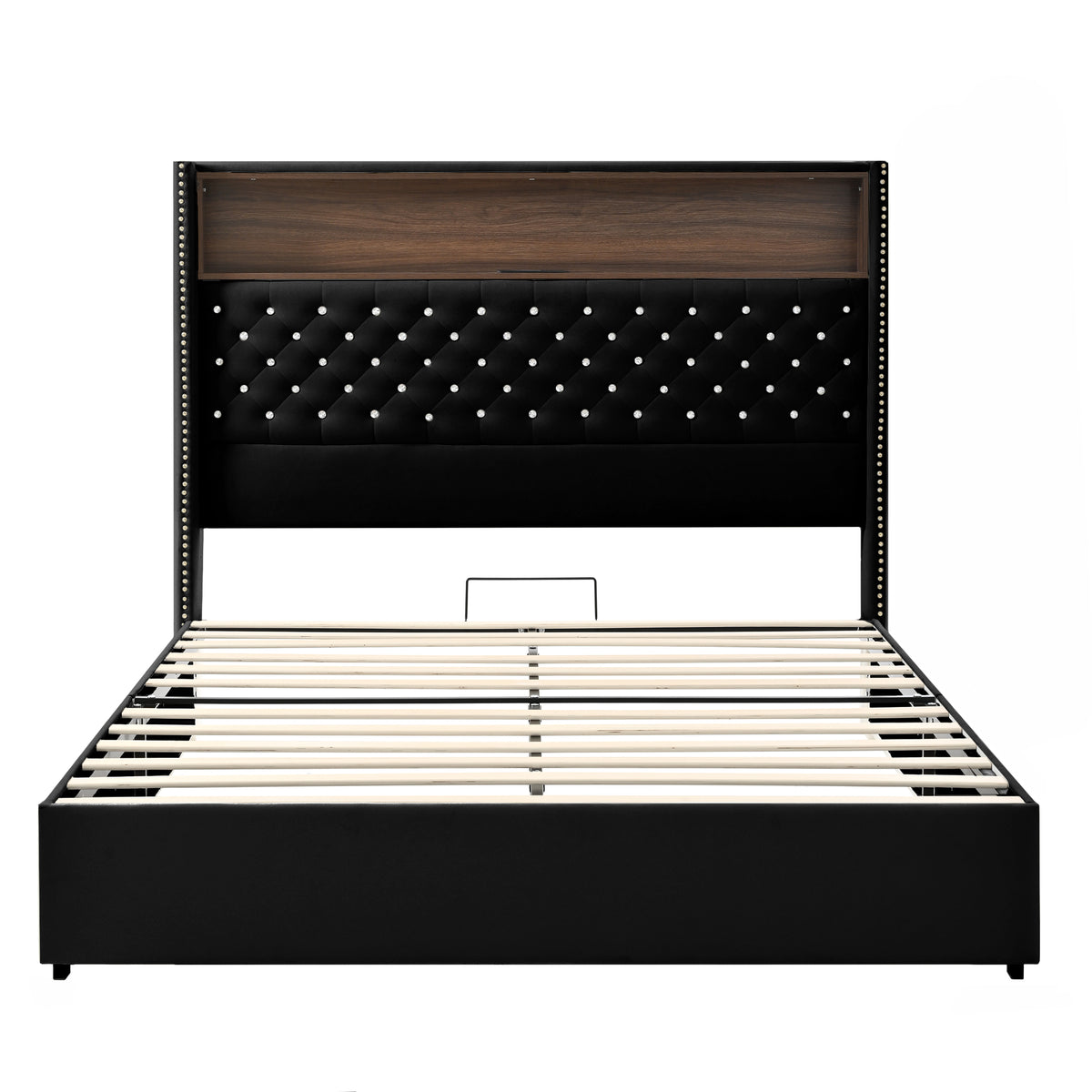 variant-group:rf-n733p367135b|Roomfitters Queen Velvet Tufted Platform Bed with Charging Ports, Tall Wingback Headboard with Rivet Trim and Shelf, Black