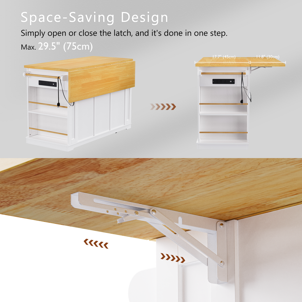 variant-group:rf-n707s003007w|Roomfitters 53" Kitchen Island with 2 Bar Stools, Drop Leaf, Power Outlet, Rolling Kitchen Cart Set with Storage, White
