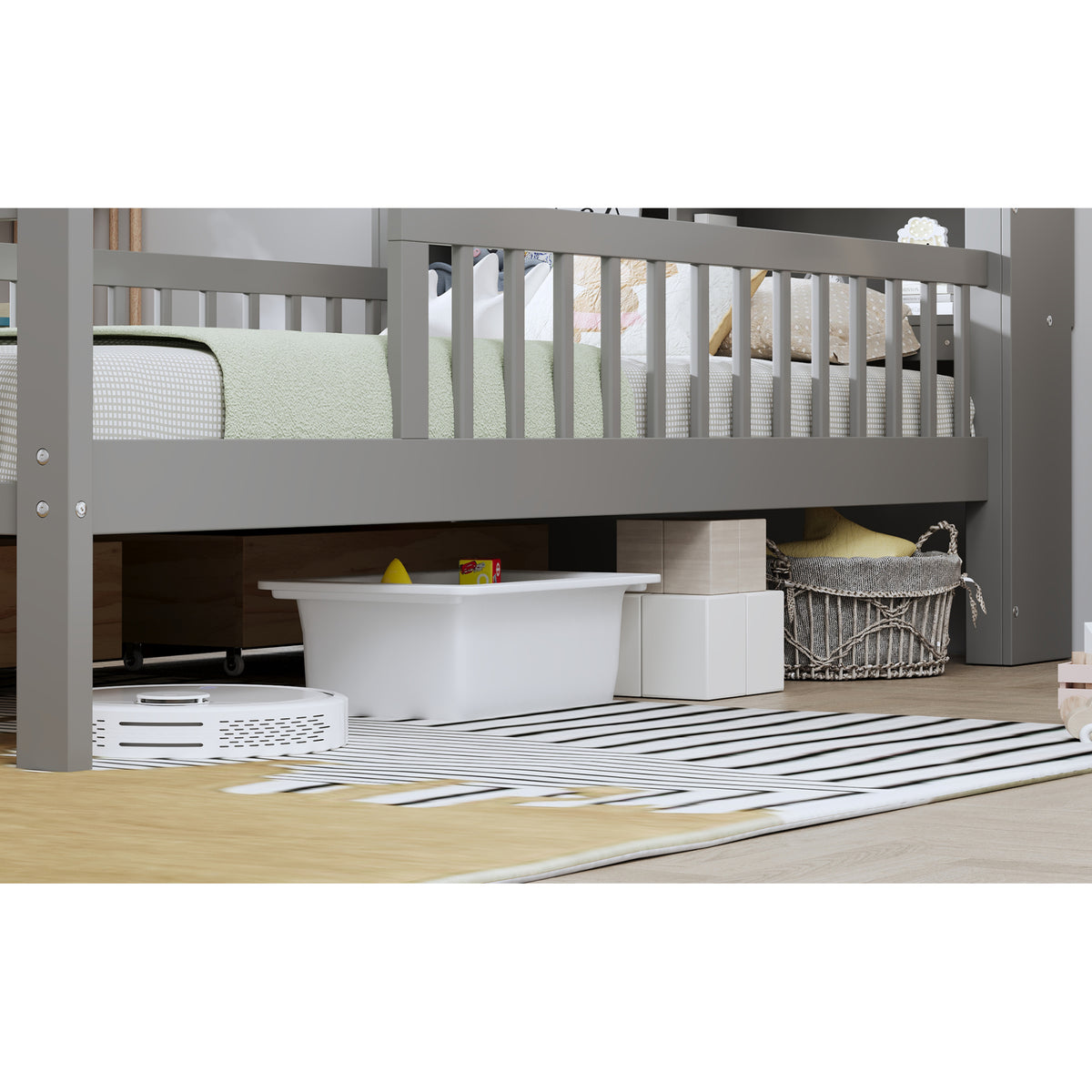 variant-group:rf-n733p272374e|Roomfitters Twin Bed with Headboard Storage Rack, Under-Bed Storage and Three-Side Guardrails, Gray