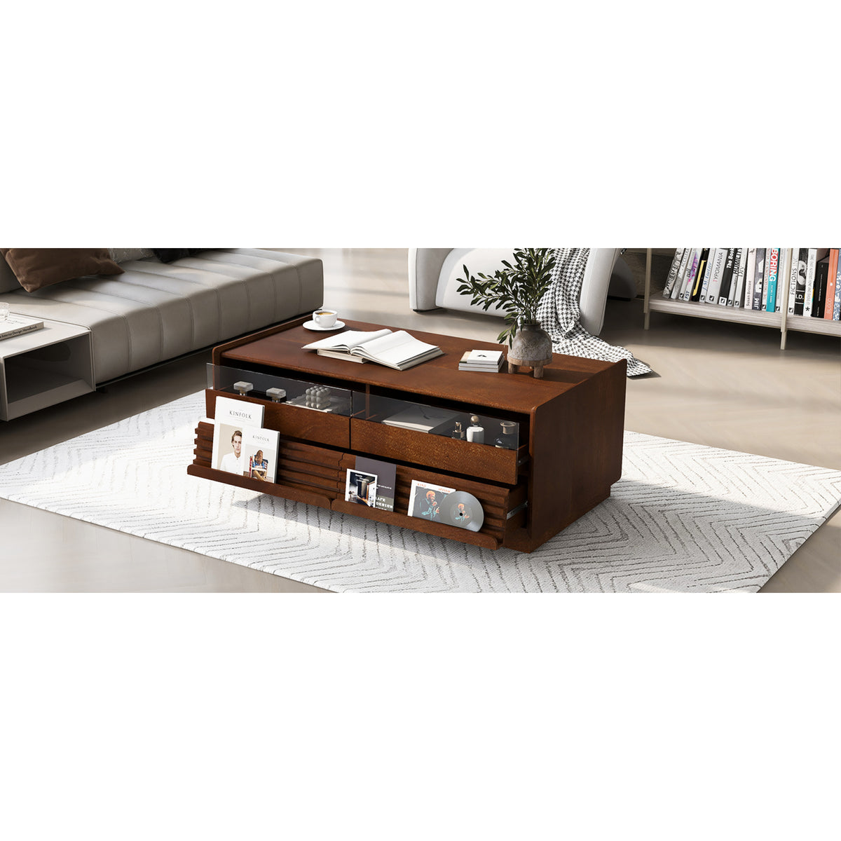 variant-group:rf-n724p286421d|Roomfitters Rectangle Coffee Table with Fluted Style, 4 Storage Compartments and Glass Display Shelves, Brown