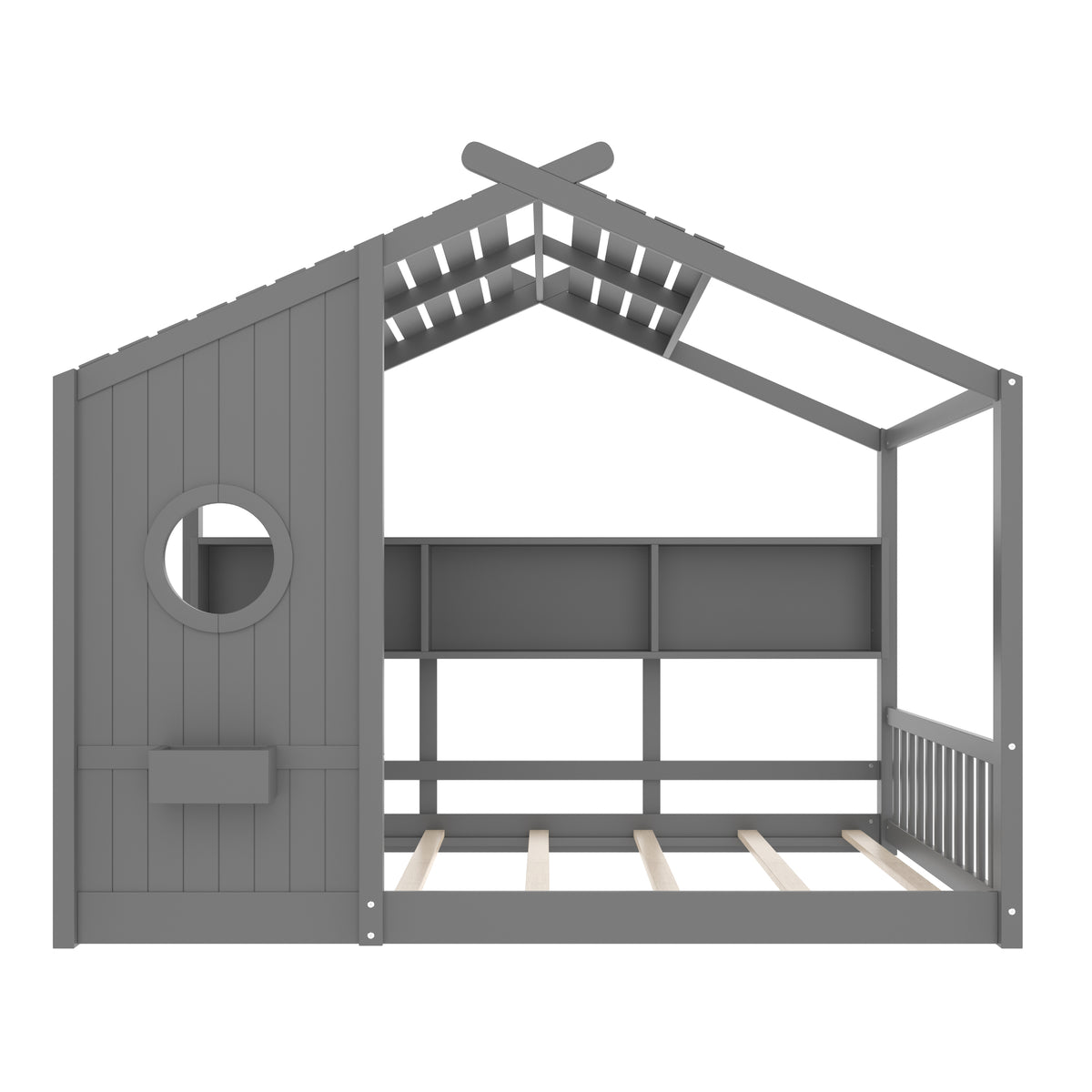 variant-group:rf-n733p335068e|Roomfitters Full Size Floor House Bed with Storage Shelf and Roof Design, Montessori Playhouse Bed, Gray
