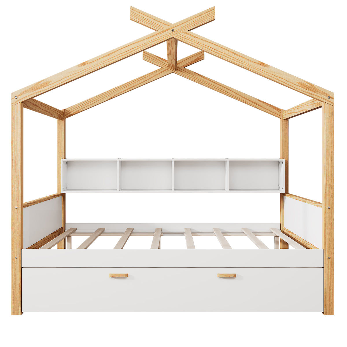 variant-group:rf-n701p443473k|Roomfitters Full Size Wooden House Bed Frame with 2 Drawers, Bookshelf Storage Furniture, No Box Spring, White Natural