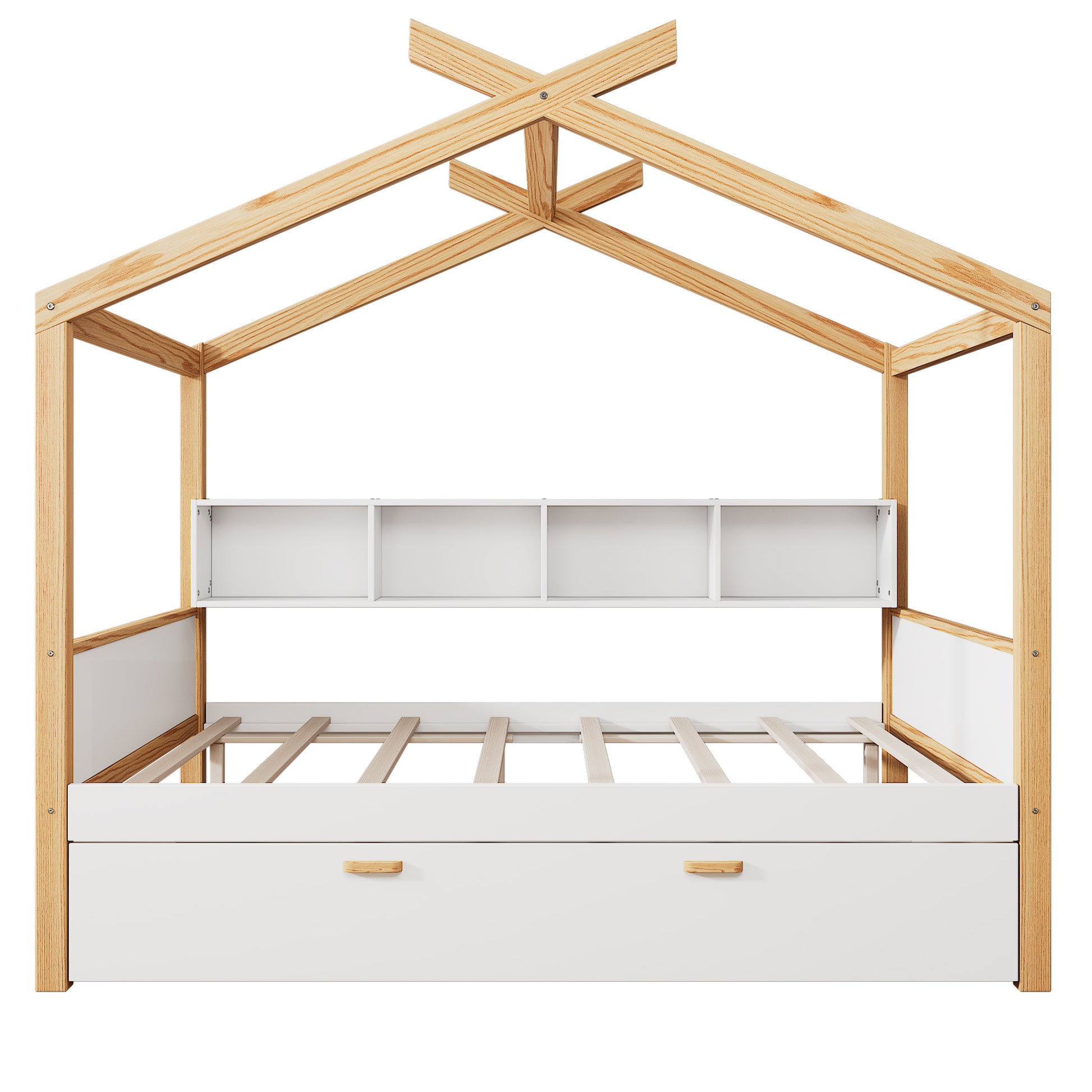 variant-group:rf-n701p443473k|Roomfitters Full Size Wooden House Bed Frame with 2 Drawers, Bookshelf Storage Furniture, No Box Spring, White Natural