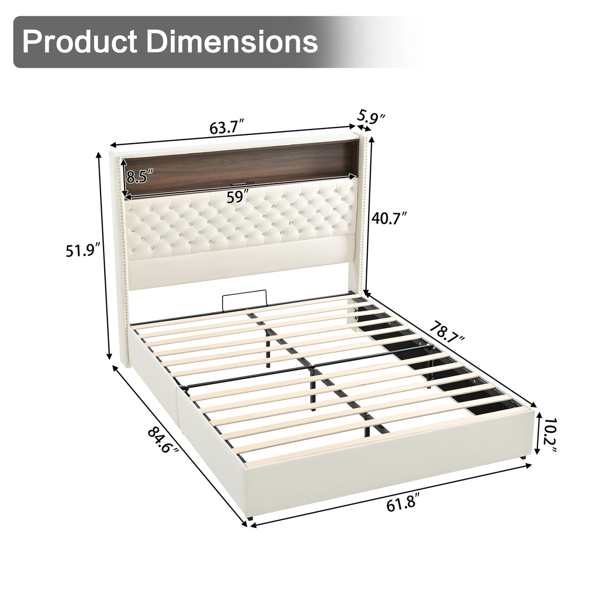 variant-group:rf-n733p367135a|Roomfitters Queen Velvet Tufted Platform Bed with Charging Ports, Tall Wingback Headboard with Rivet Trim and Shelf, Beige
