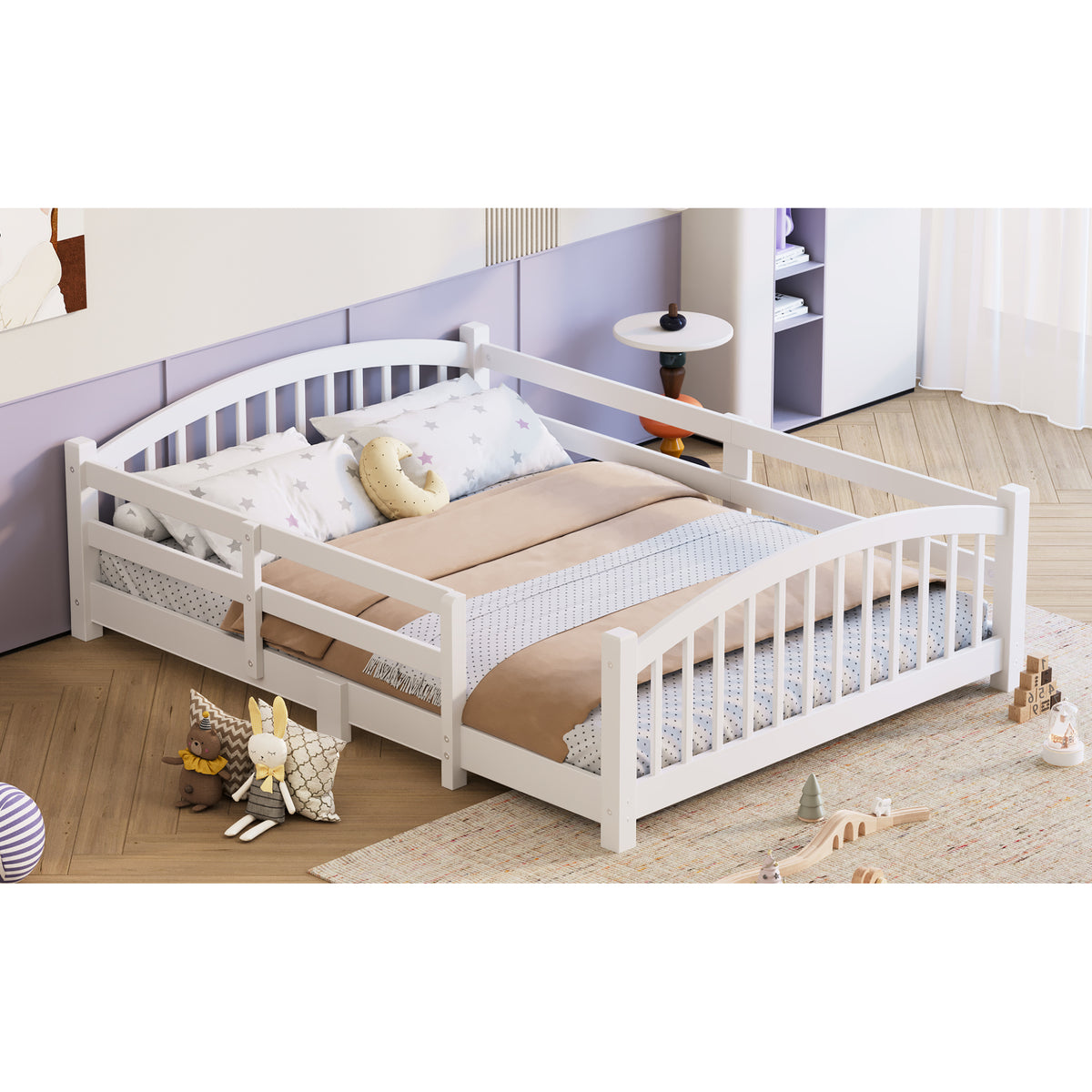 variant-group:rf-n733p400299k|Roomfitters Full Montessori Floor Bed with Guardrails, Solid Wood Low Platform Bed with Slats, Easy Assembly, White