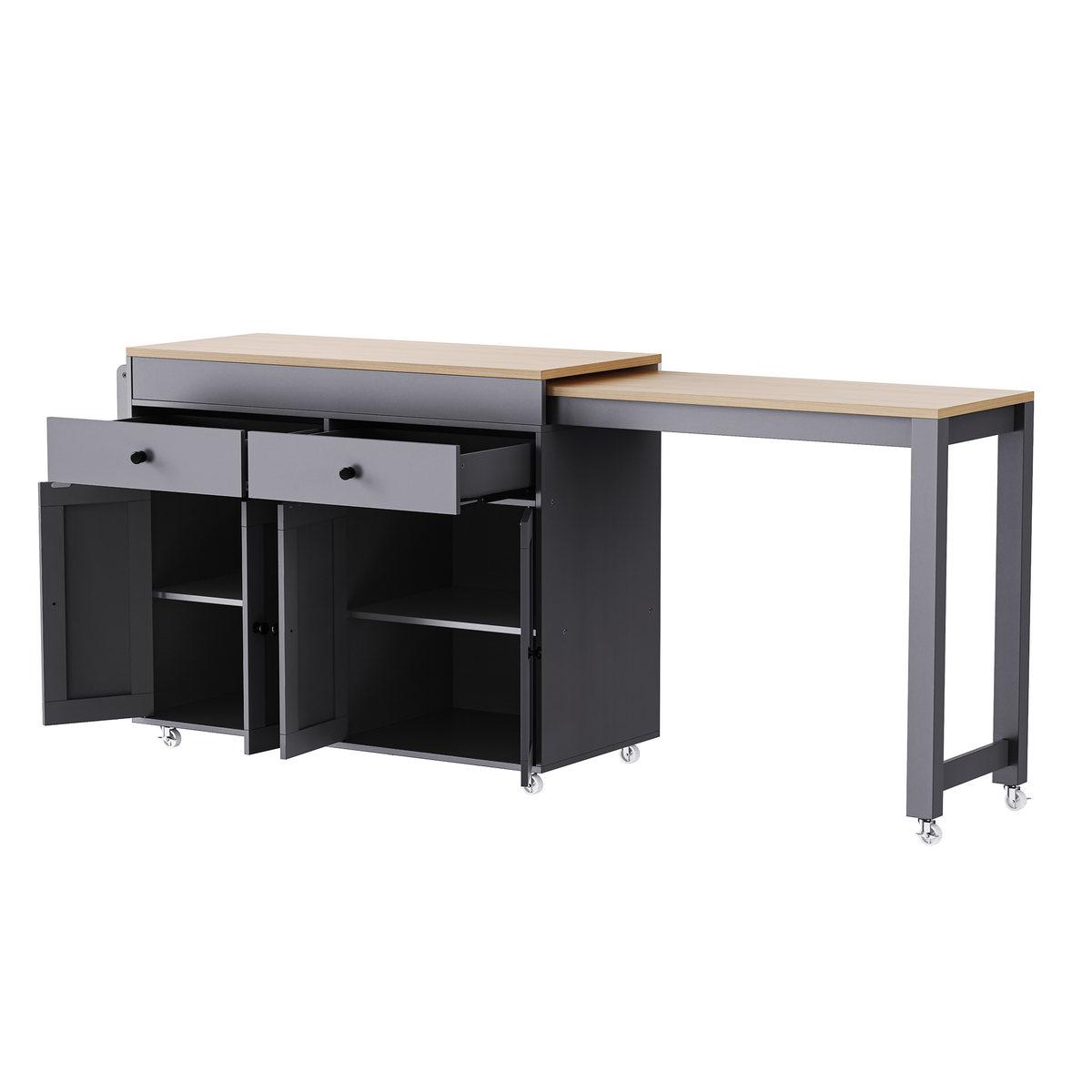 variant-group:rf-n707s000009g|Roomfitters 74.5" Kitchen Island with Extendable Table, Rolling Cart with Spice Rack, Storage Cabinet, Grey
