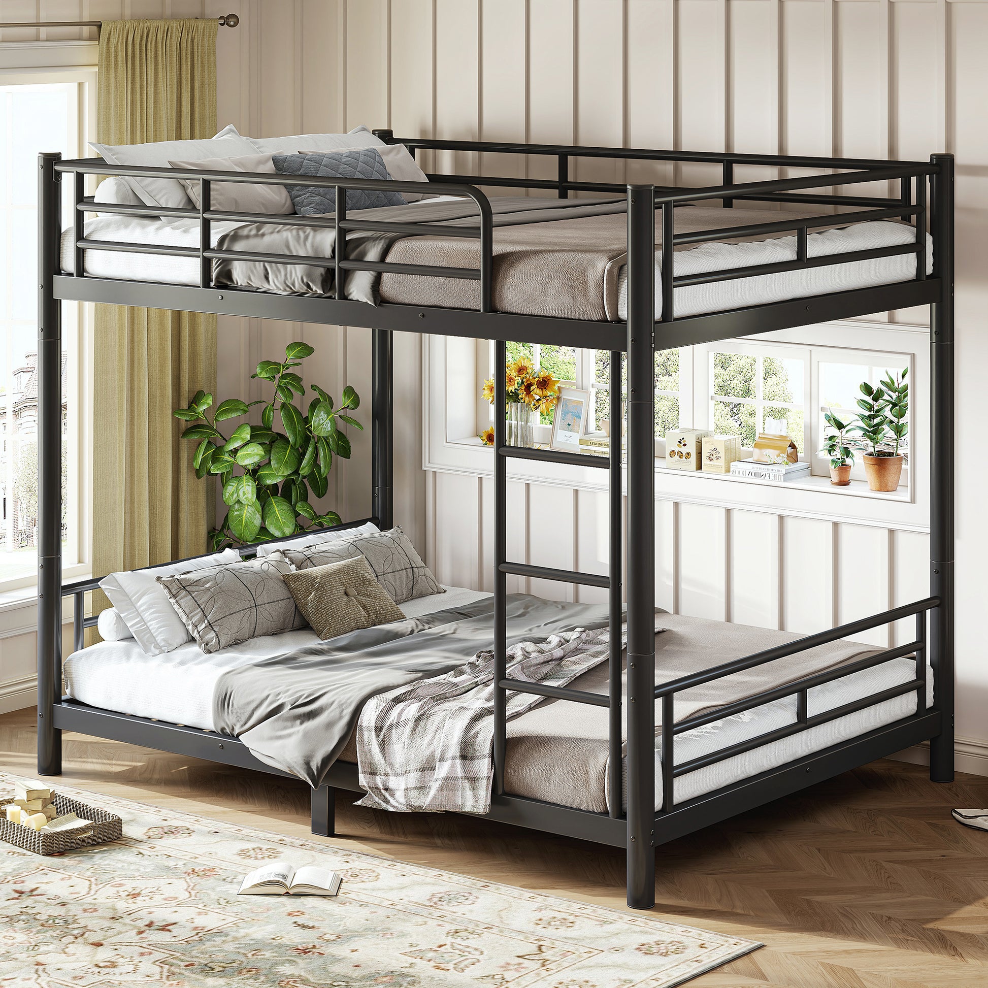 variant-group:rf-w1580p454730|Roomfitters Full over Full Metal Bunk Bed Frame for Teens Adults, Convertible 2 Separate Beds Round Tube, Black