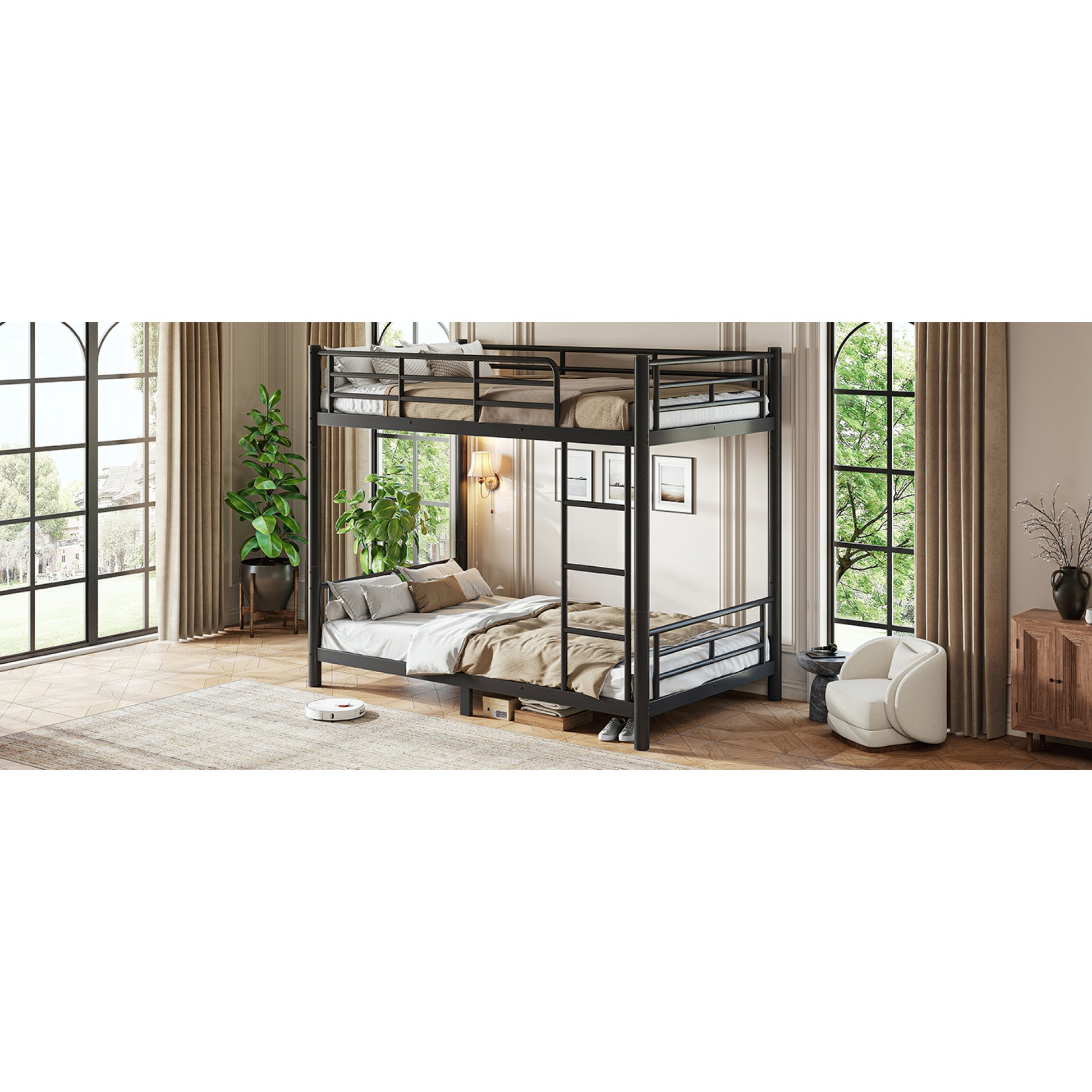 variant-group:rf-w1580p454721|Roomfitters Twin XL over Twin XL Metal Bunk Bed Frame for Teens Adults, Convertible 2 Separate Beds Round Tube, Black