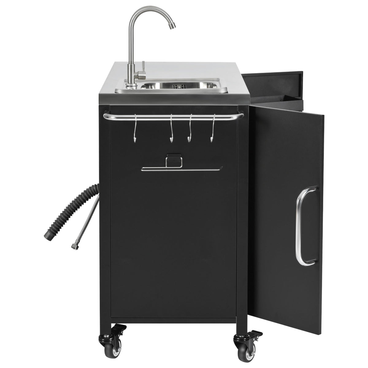 Roomfitters 55.5" Outdoor Kitchen Island with Stainless Steel Sink, Rolling Grill Prep Cart & Storage Cabinet, Black