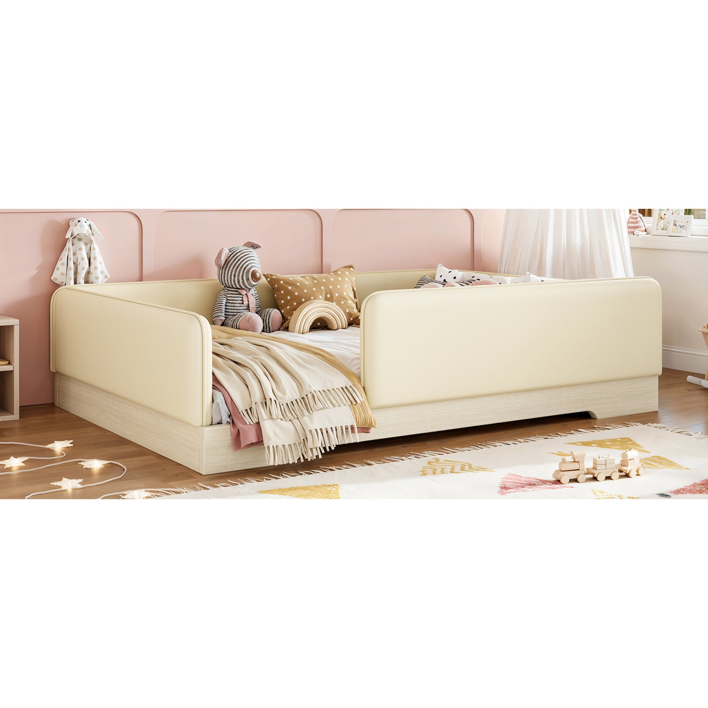 variant-group:rf-w1580s00671|Roomfitters Full Size Upholstered Floor Bed Frame with Removable Guardrails, Faux Leather Low Profile Platform, Beige