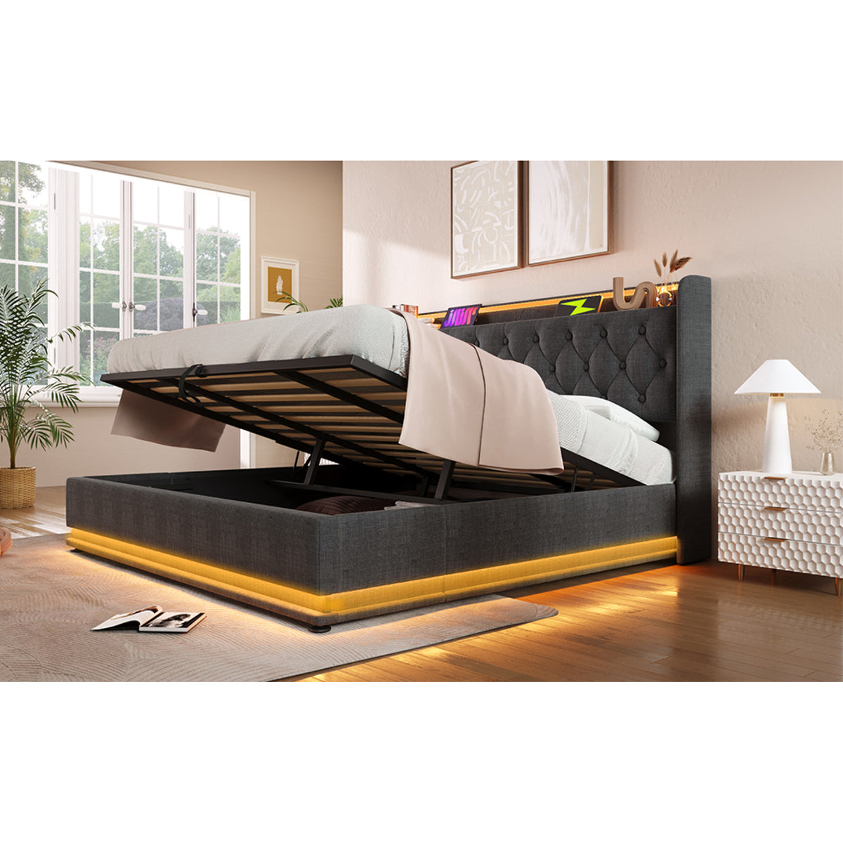 variant-group:rf-n736p188808g|Roomfitters King Size Upholstered Storage Bed with USB Type-C Charging and Remote Control, Linen Gray