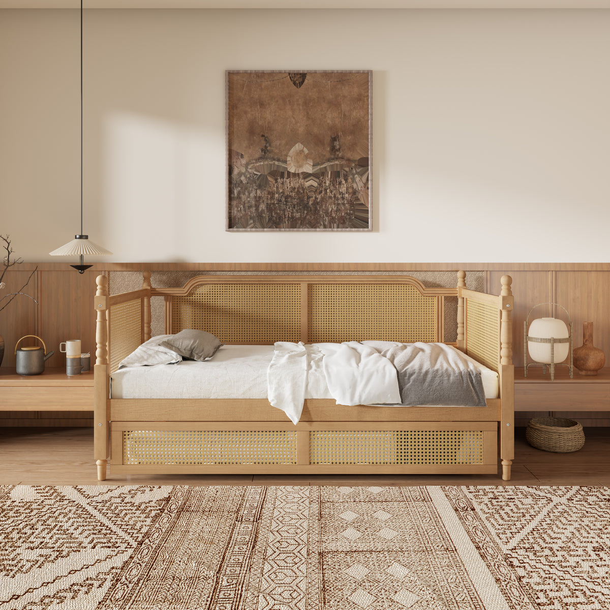 variant-group:rf-n701bs701p415494d|Roomfitters Full Size Traditional Rattan Daybed Frame with 2 Storage Drawers, French Country Wood Bed, No Box Spring, Walnut