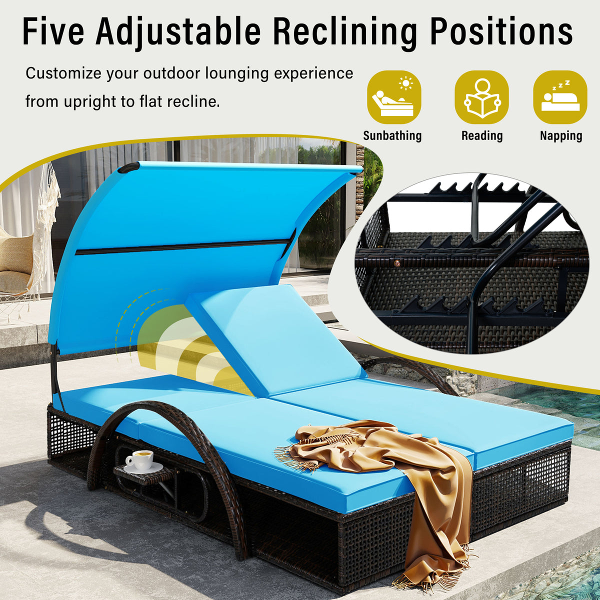 variant-group:rf-n711wy000485aac|Roomfitters Blue HDPE Wicker Outdoor Double Sunbed, Steel Frame Patio Chaise, Hidden Side Tables, Canopy Shade