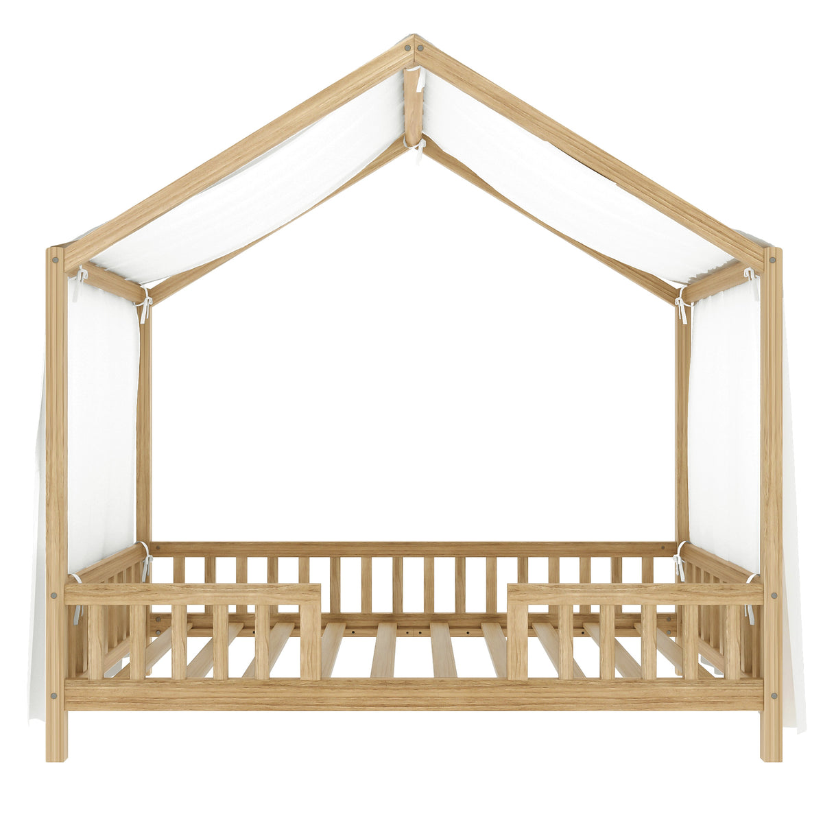 variant-group:rf-n733p356043m|Roomfitters Twin Montessori Floor Bed with Canopy, House Shape Wood Frame with Safety Rails, Youth Platform Bed, Natural
