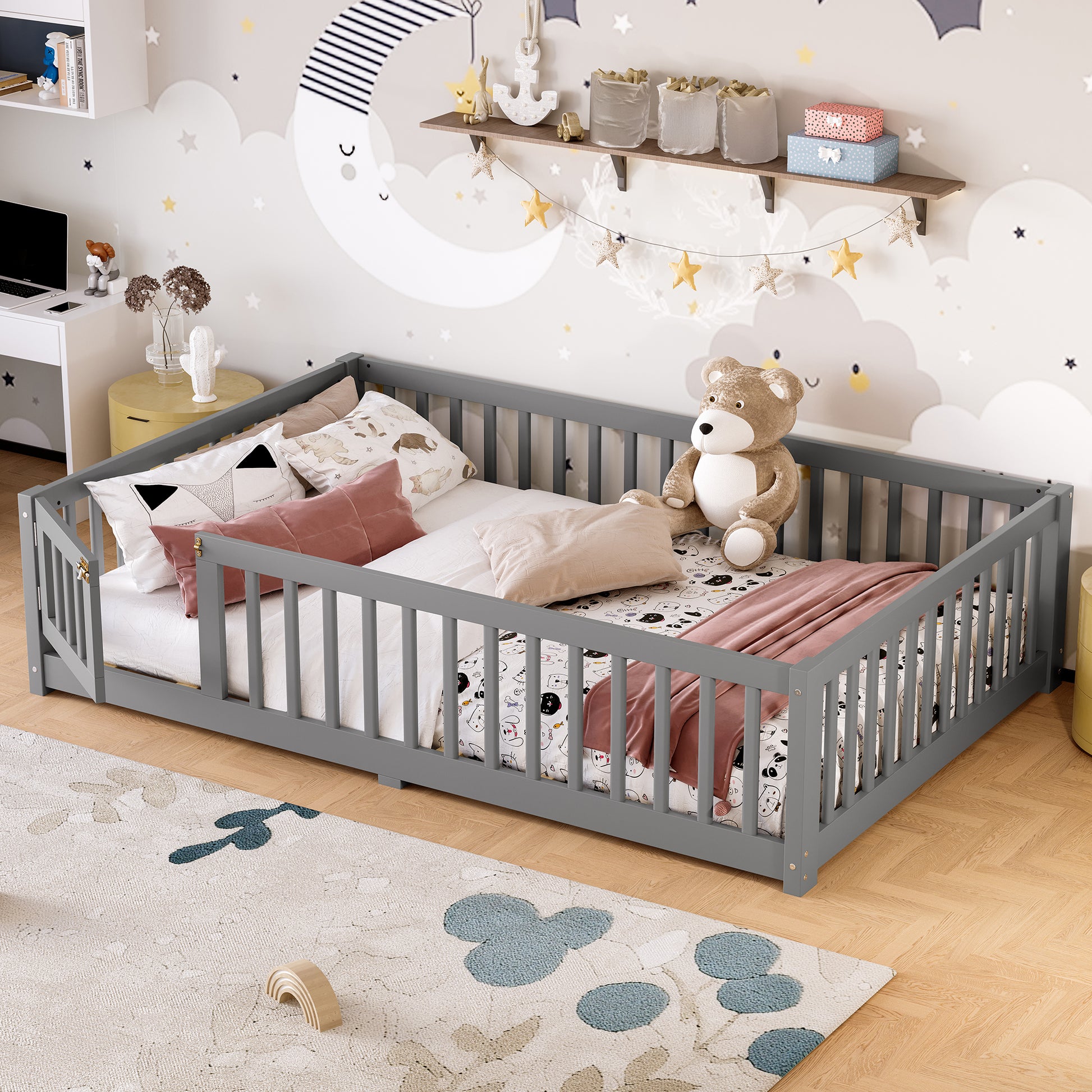 variant-group:rf-w1580p338951|Roomfitters Wooden Full Floor Bed Frame with Door & Safety Guardrails, Low Platform Design for Bedroom or Playroom, Gray